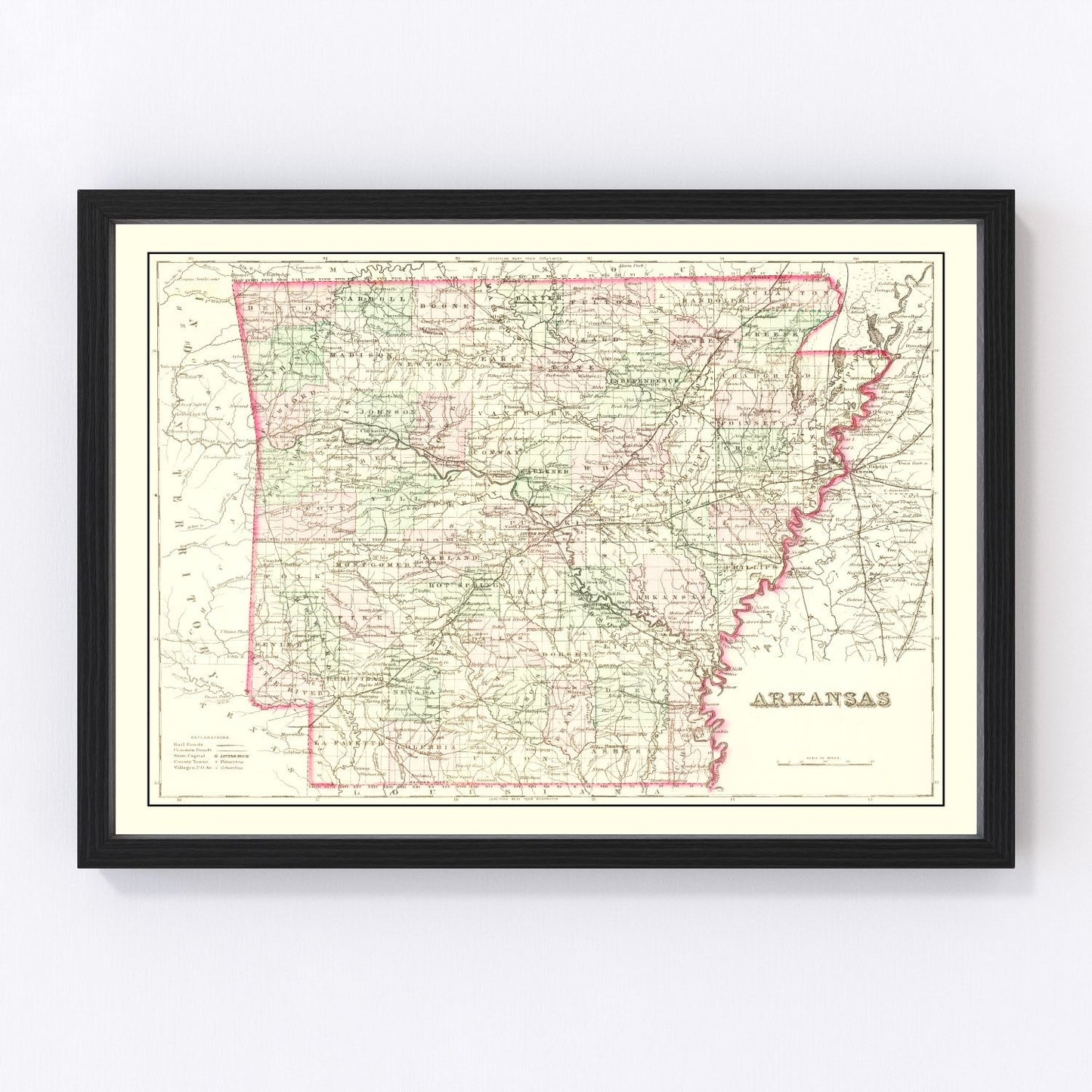 vintage map of Arkansas, 1876, Reconstruction era