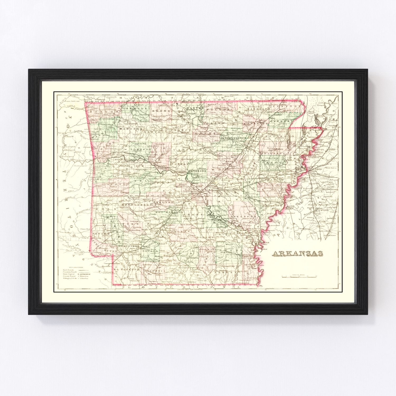 vintage map of Arkansas, 1876, Reconstruction era