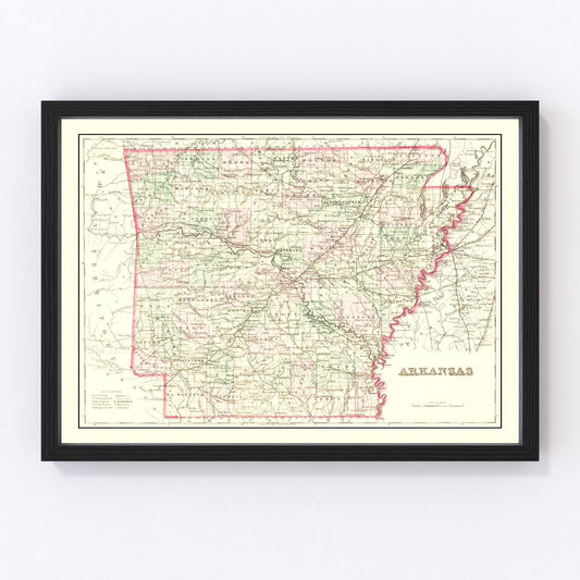 vintage map of Arkansas, 1876, Reconstruction era