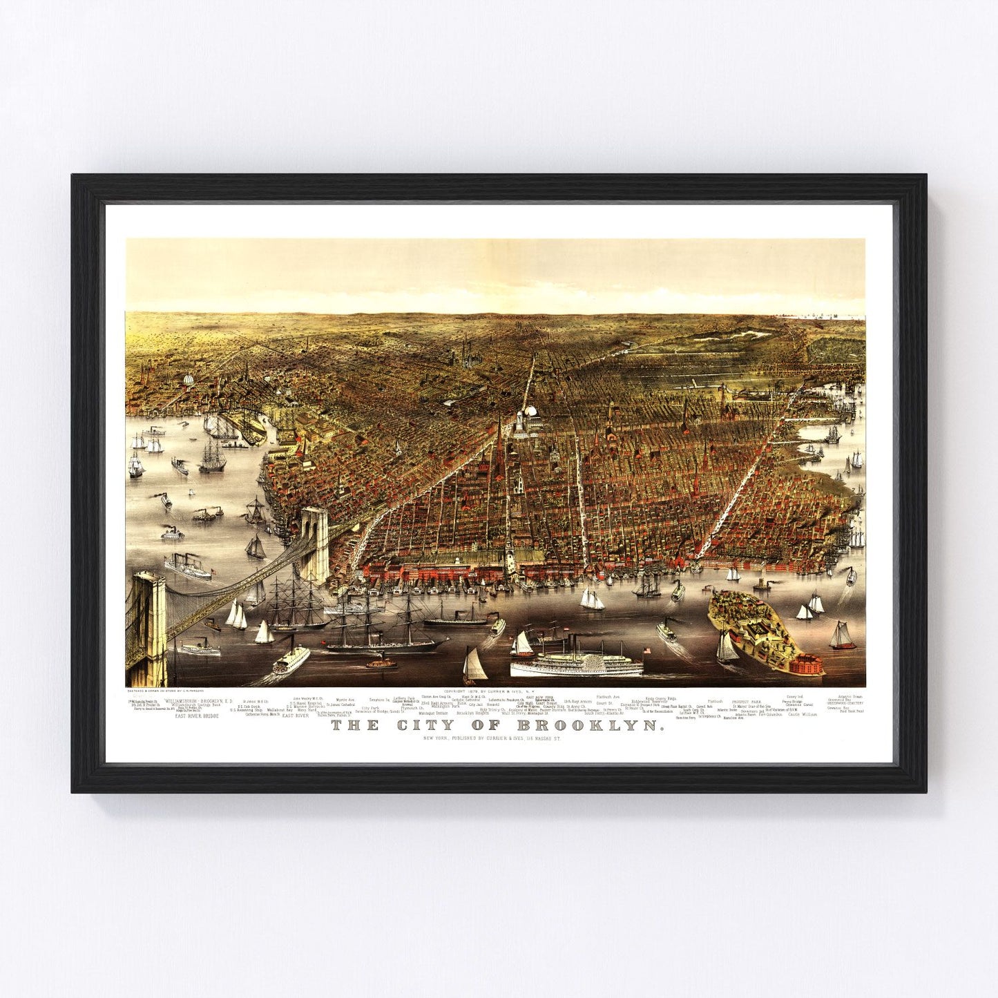 vintage map of Brooklyn New York, 1879, restored print wall art