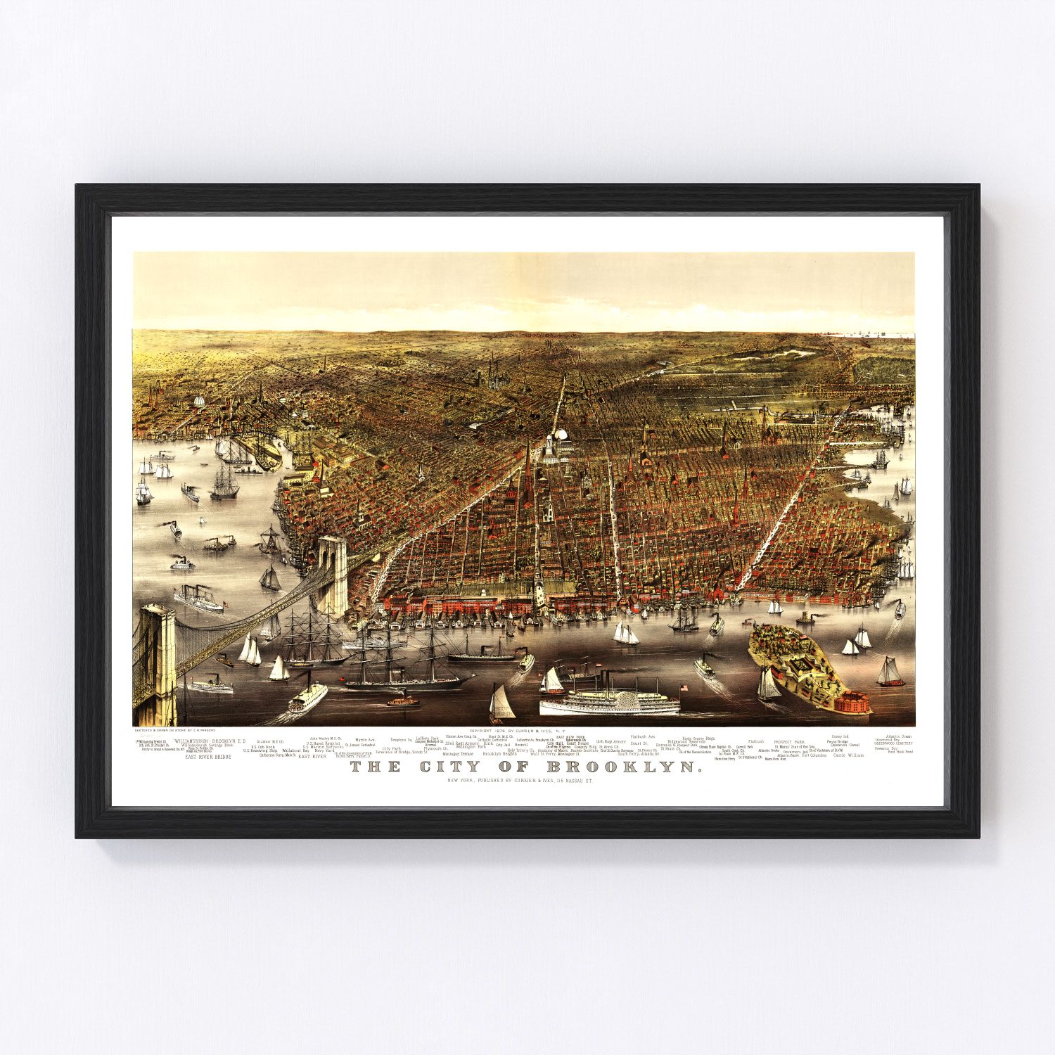 vintage map of Brooklyn New York, 1879, restored print wall art