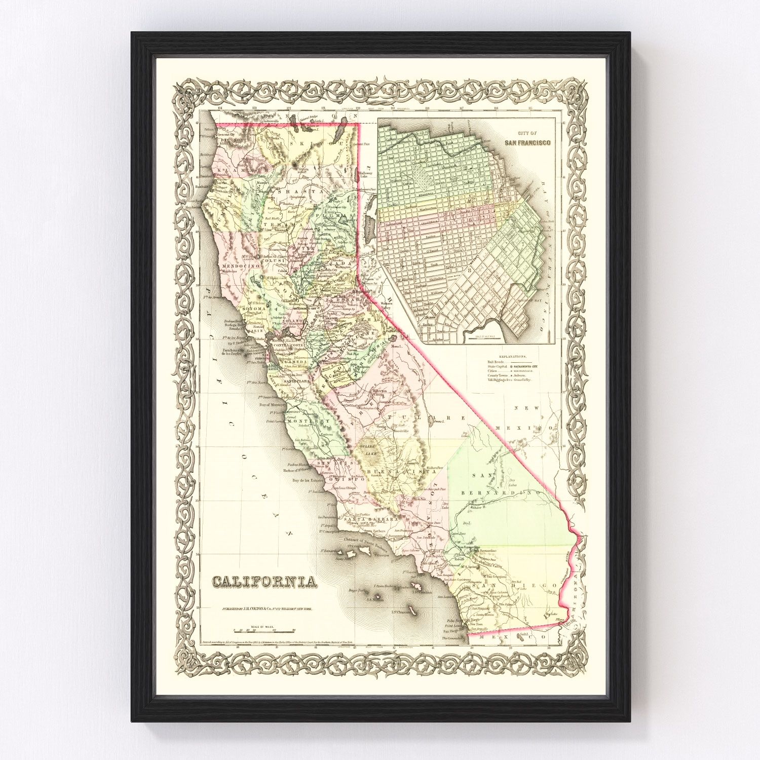 Vintage map of California, 1855, Gold Rush-era restored print