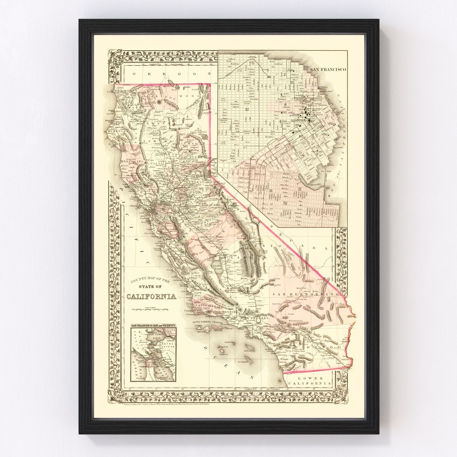 Vintage map of California, 1880, post-Gold Rush era restored print