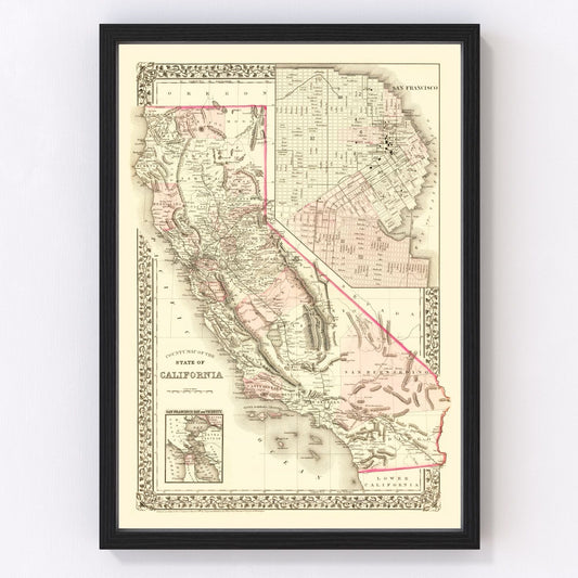Vintage map of California, 1880, post-Gold Rush era restored print