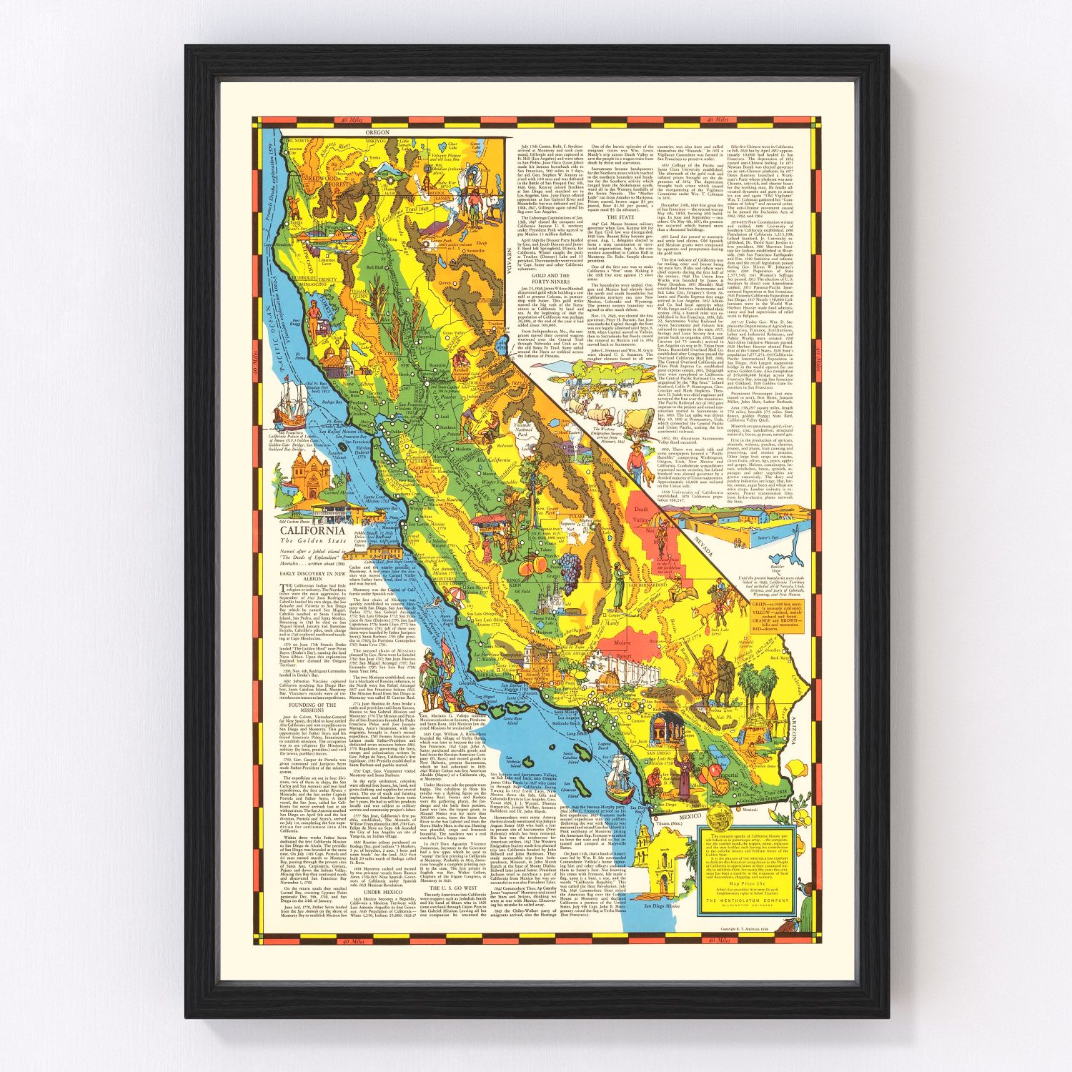 Vintage pictorial map of California, 1938, Art Deco illustrated travel map restored print