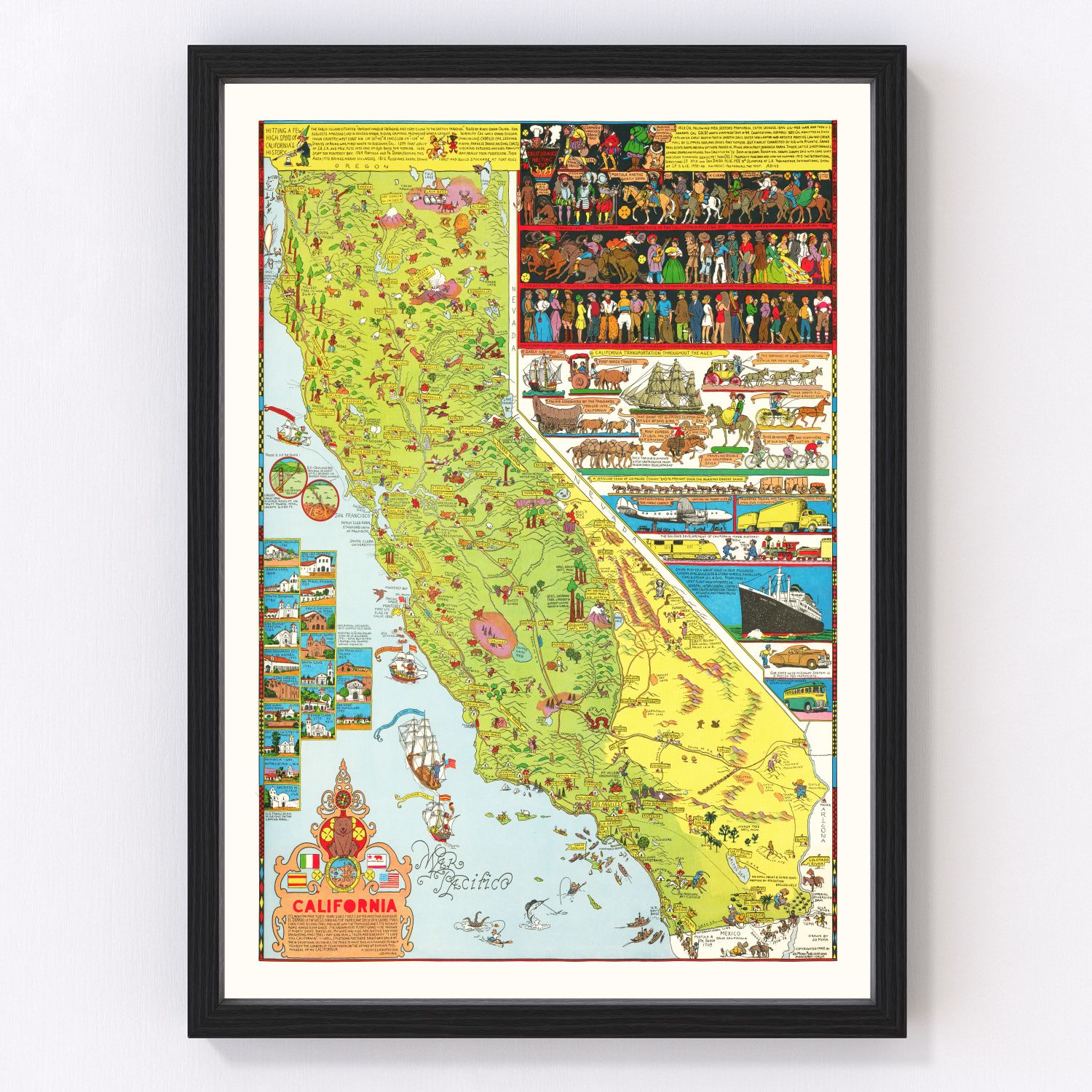 Vintage pictorial map of California, 1945, mid-century travel illustration