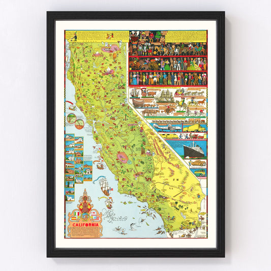 Vintage pictorial map of California, 1945, mid-century travel illustration