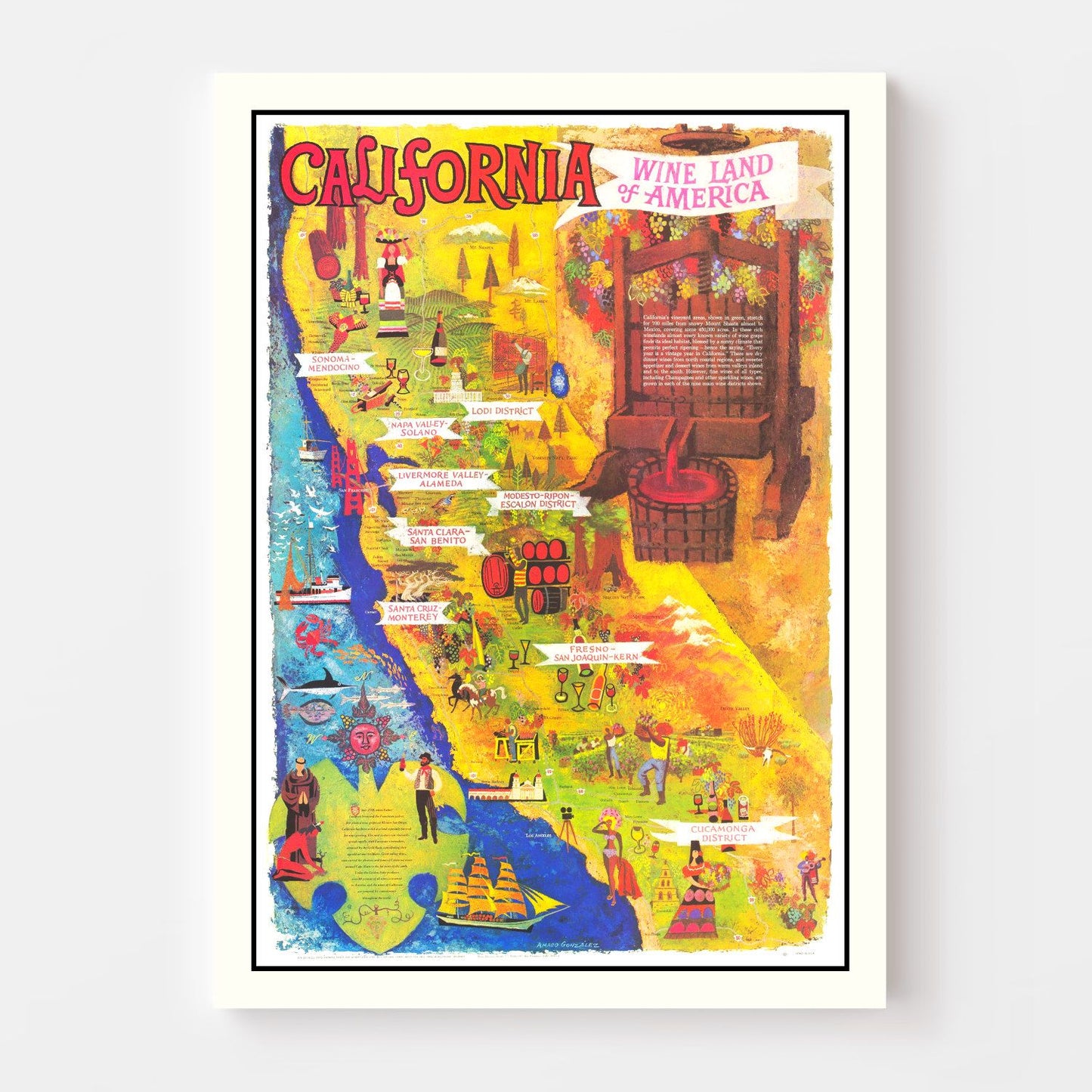 Vintage California Wine Country Map, 1960