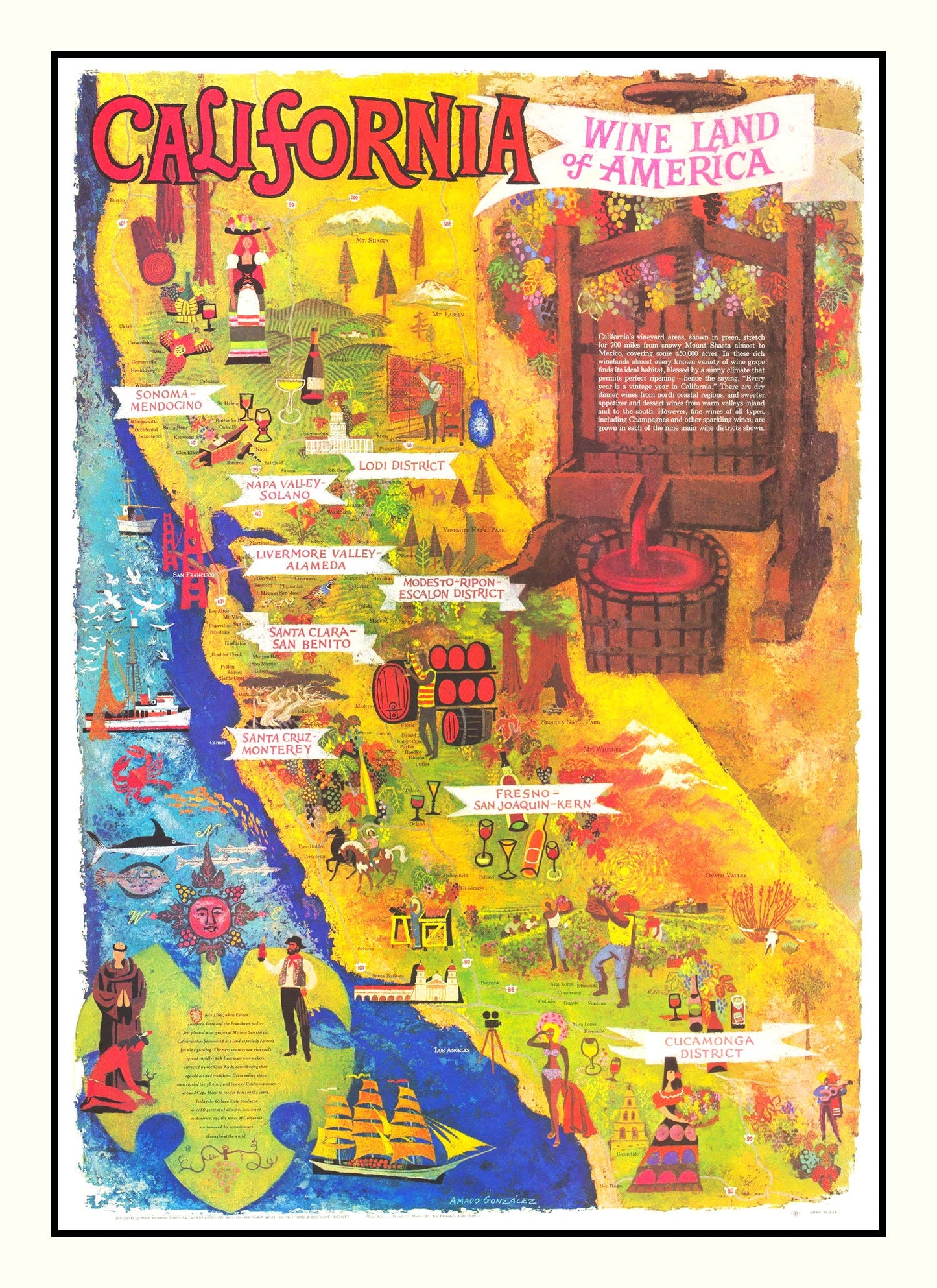 Vintage California Wine Country Map, 1960