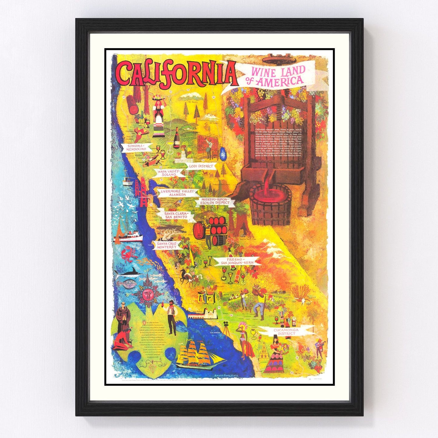 Vintage California wine country map, 1960 - Napa Valley and Sonoma mid-century chart