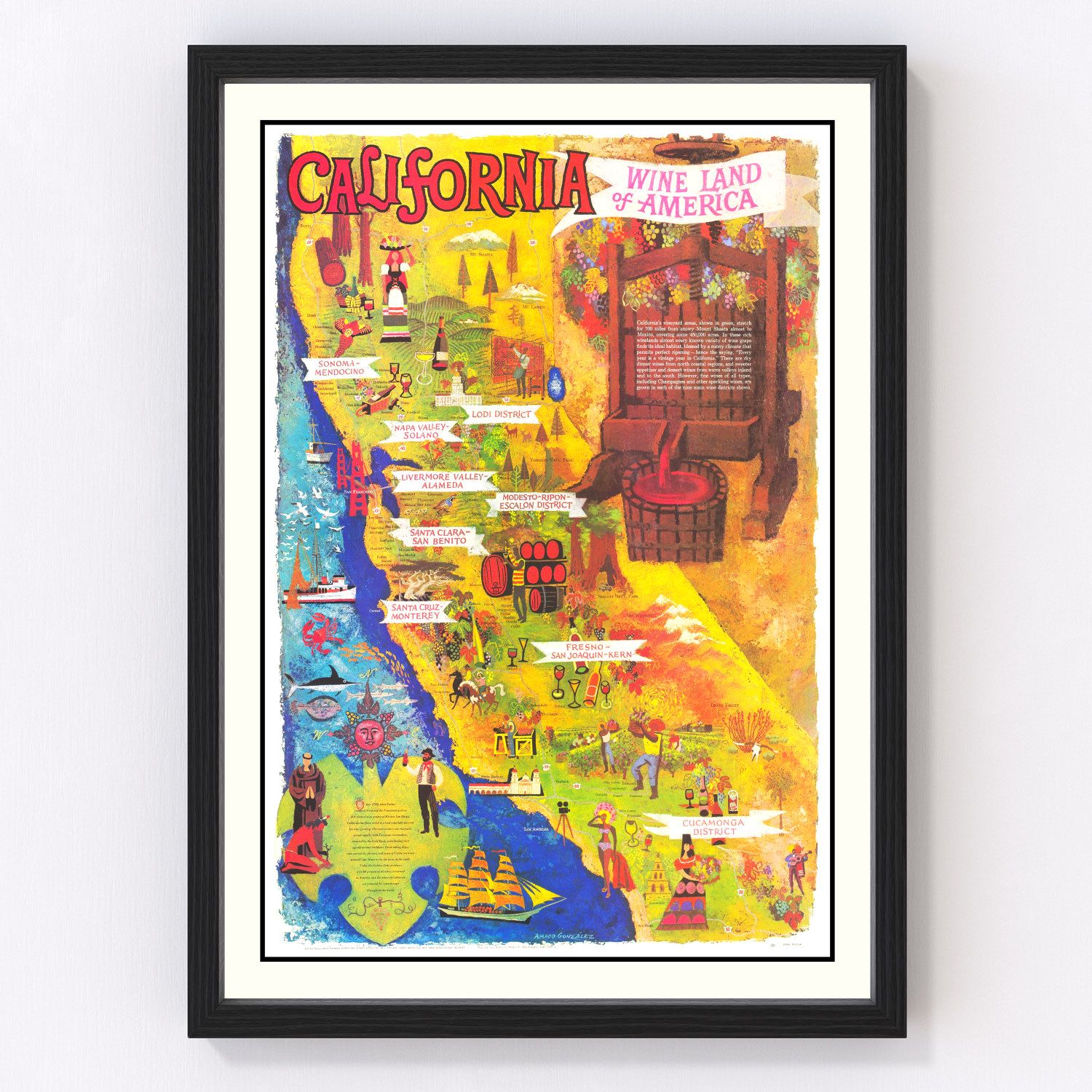 Vintage California wine country map, 1960 - Napa Valley and Sonoma mid-century chart