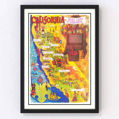 Vintage California wine country map, 1960 - Napa Valley and Sonoma mid-century chart