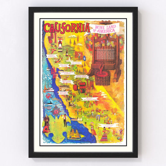 Vintage California wine country map, 1960 - Napa Valley and Sonoma mid-century chart