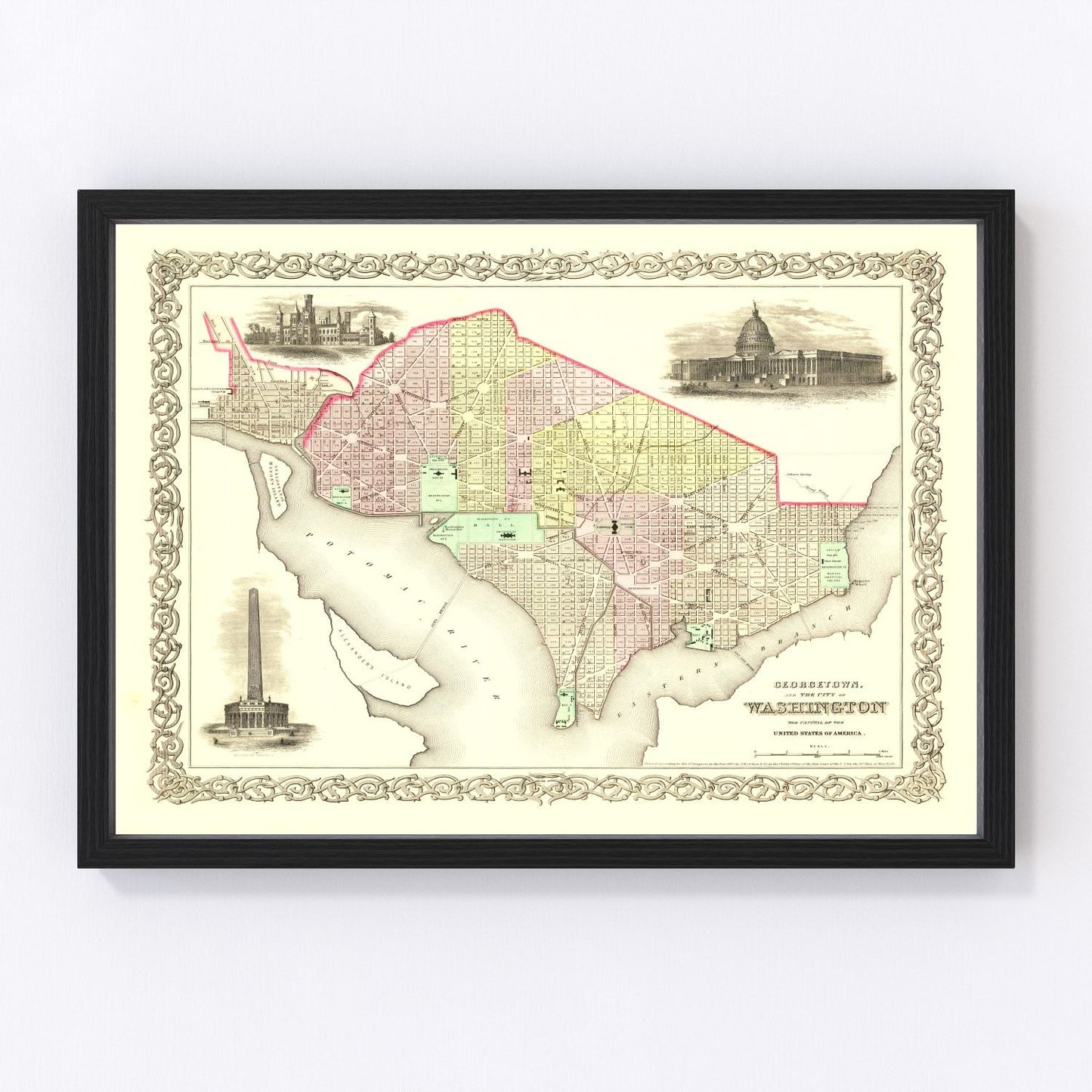 Vintage Georgetown and Washington DC map, 1856, digitally restored print