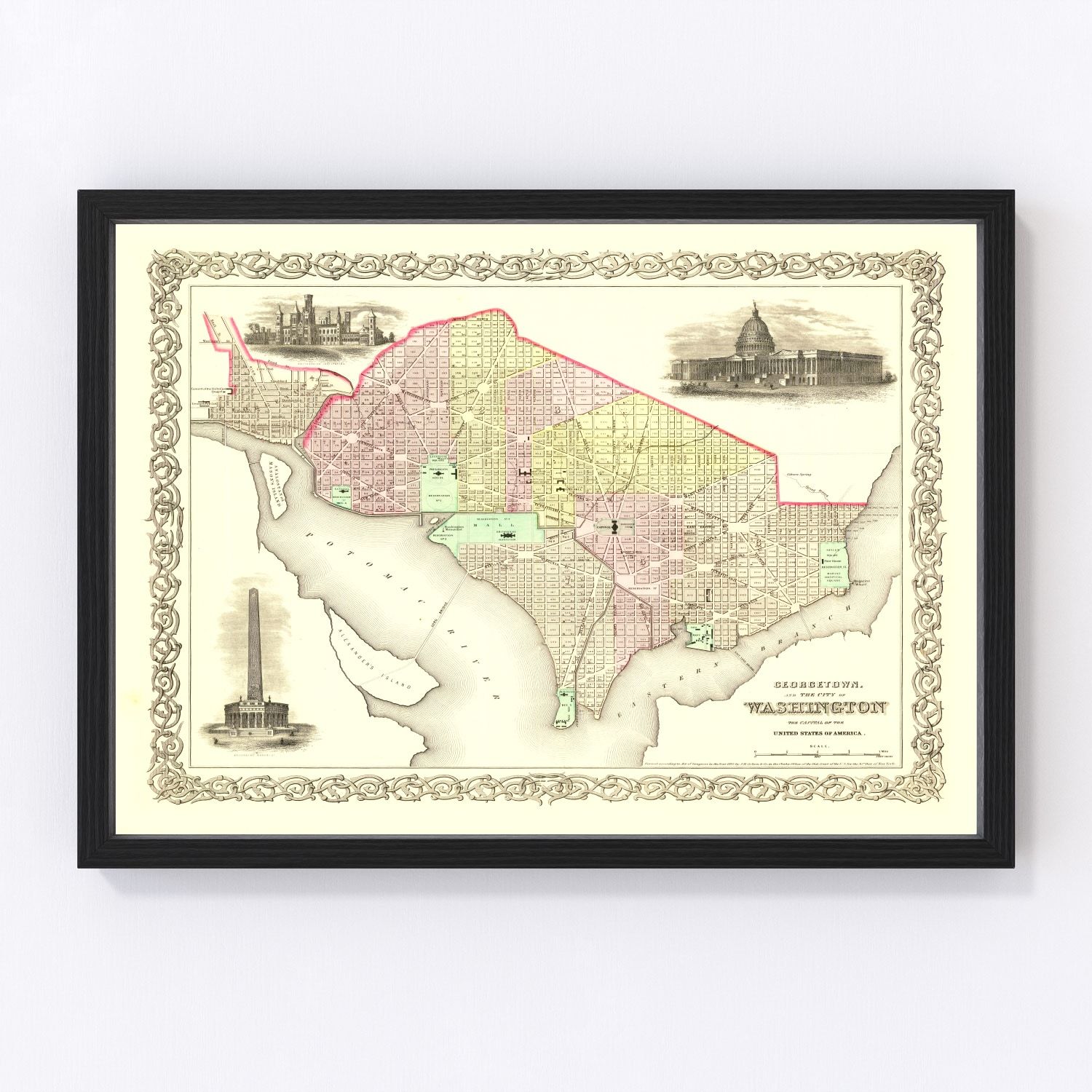 Vintage Georgetown and Washington DC map, 1856, digitally restored print