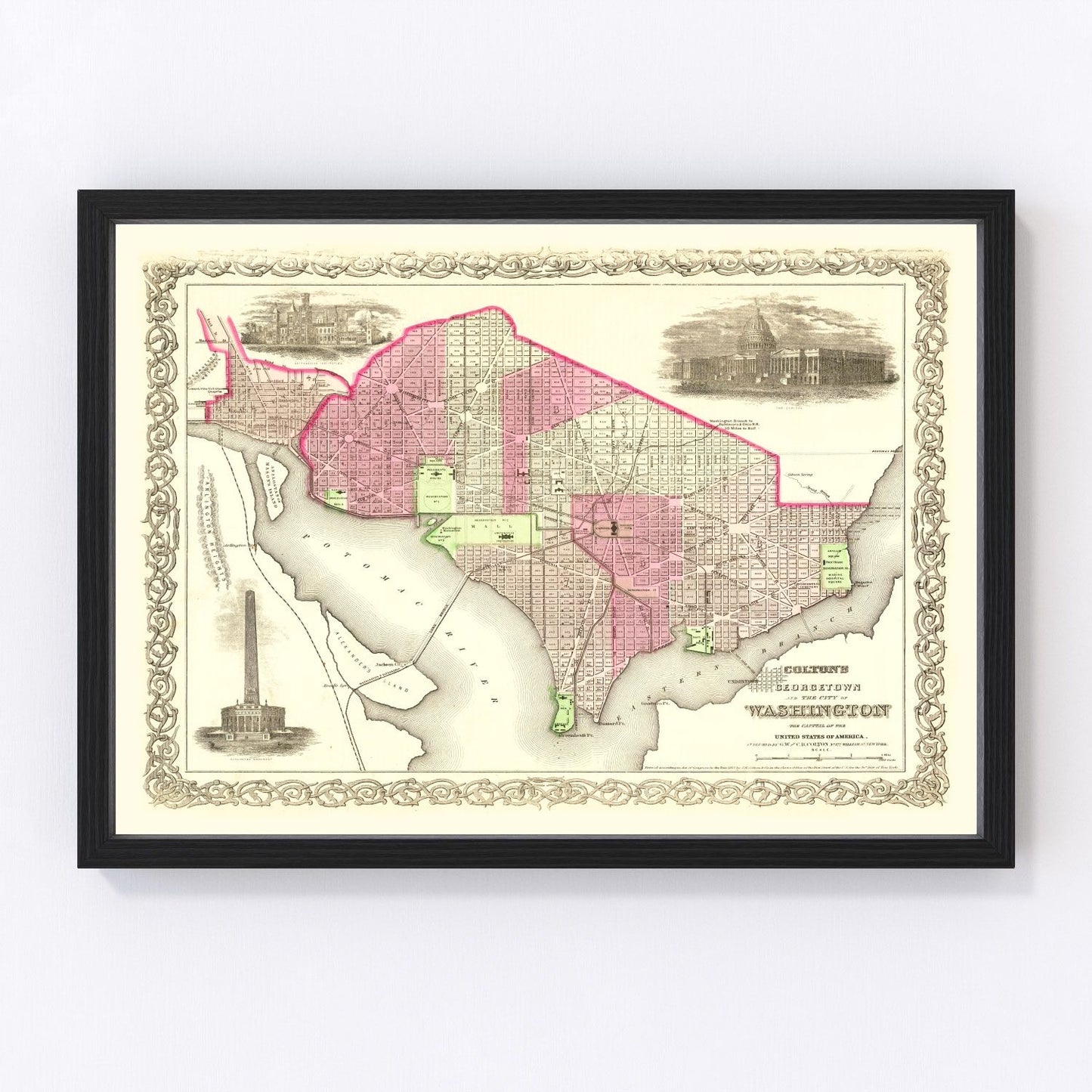 Vintage map of Washington, DC, 1866, capital avenues canal and Potomac waterfront