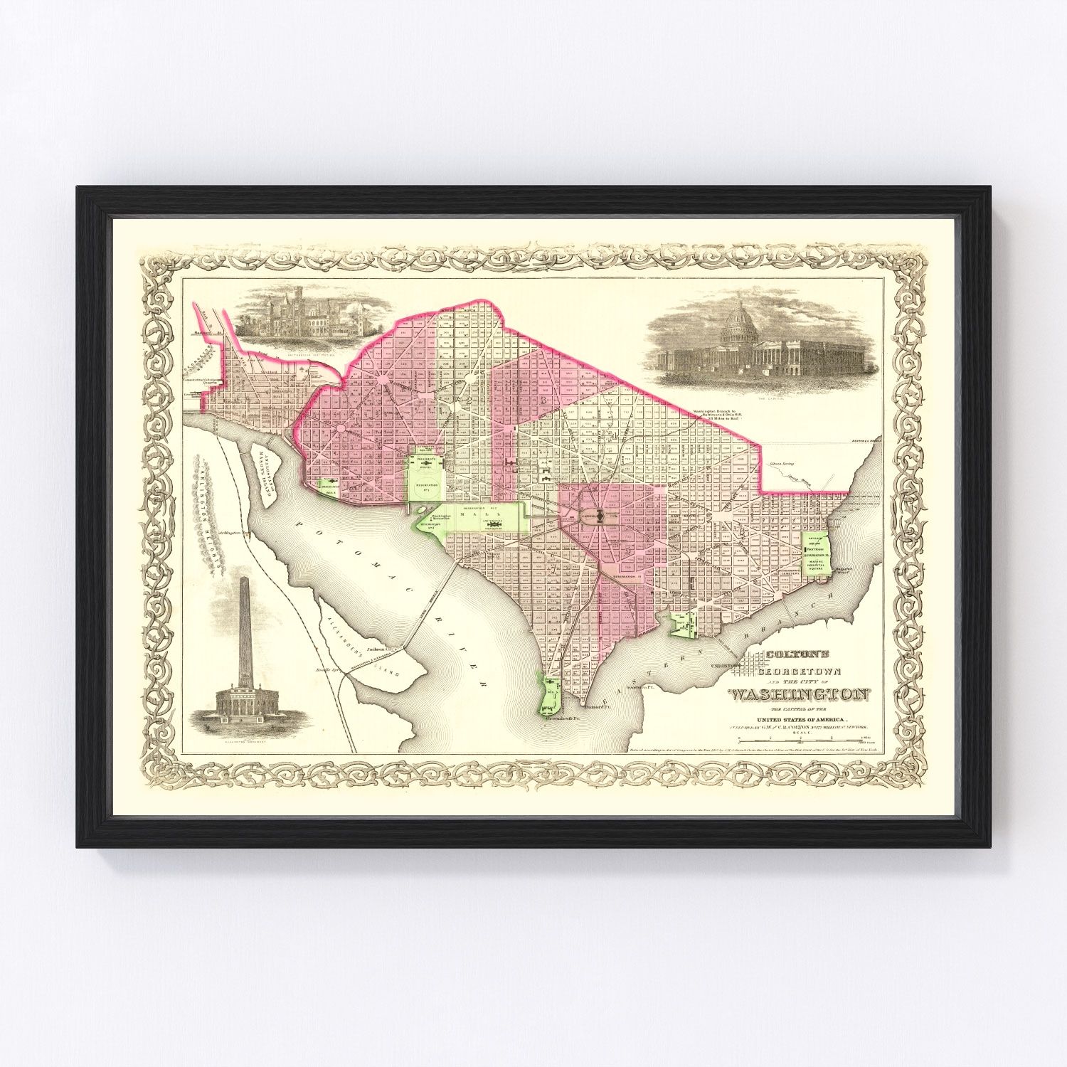 Vintage map of Washington, DC, 1866, capital avenues canal and Potomac waterfront