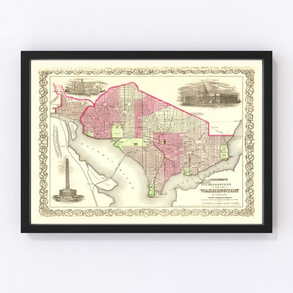 Vintage map of Washington, DC, 1866, capital avenues canal and Potomac waterfront