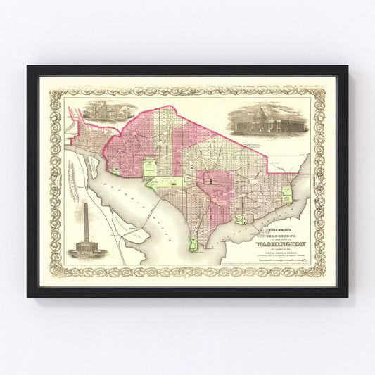 Vintage map of Washington, DC, 1866, capital avenues canal and Potomac waterfront