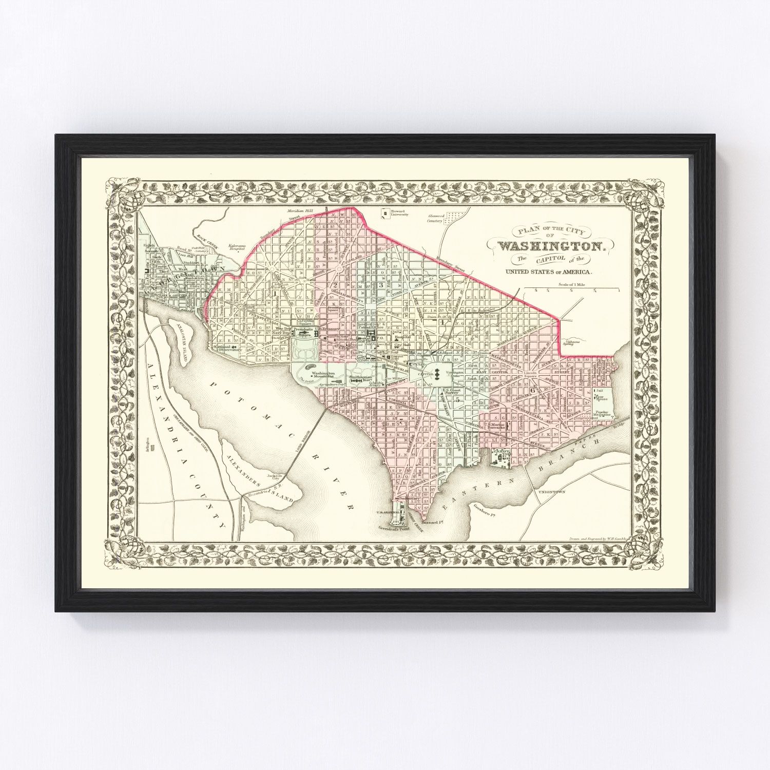 Vintage map of Washington, DC, 1878, Reconstruction era L'Enfant plan capital