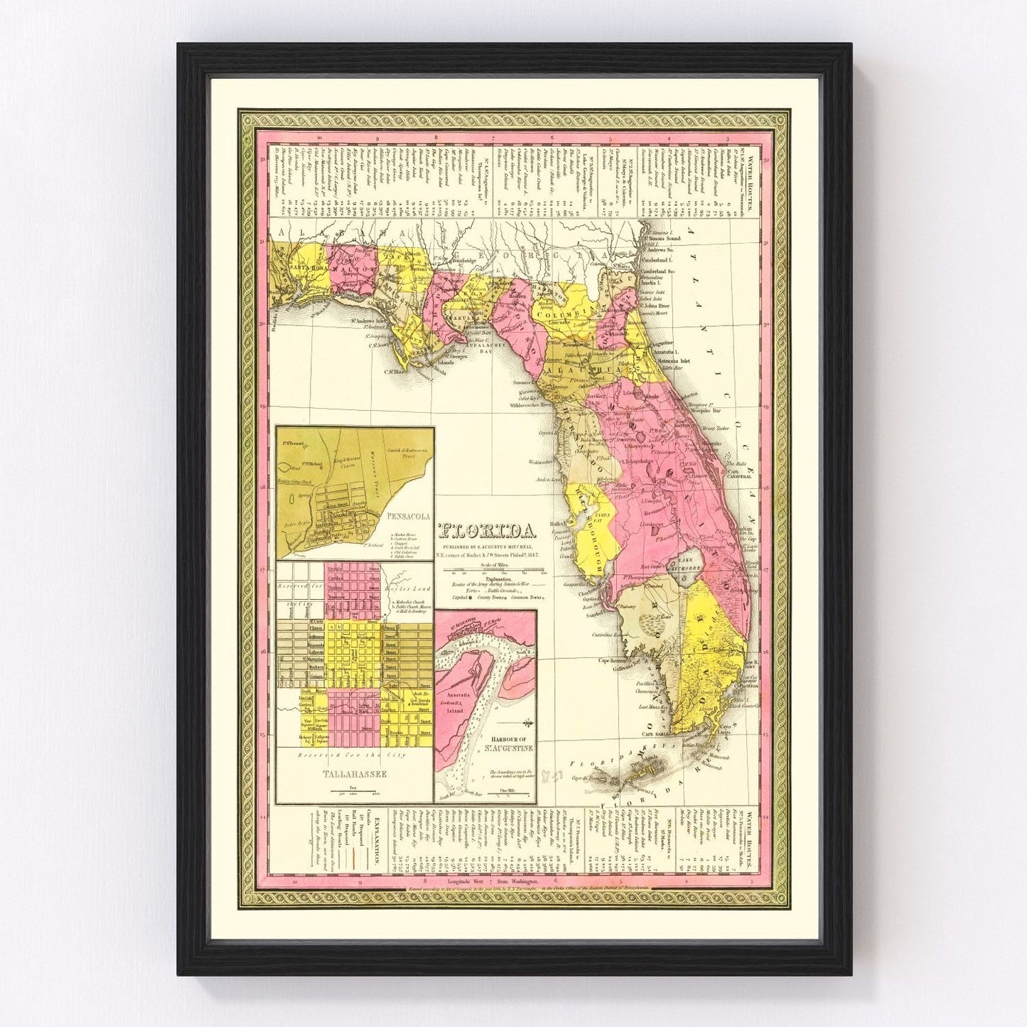 Vintage restored map of Florida, 1847, early statehood cartography