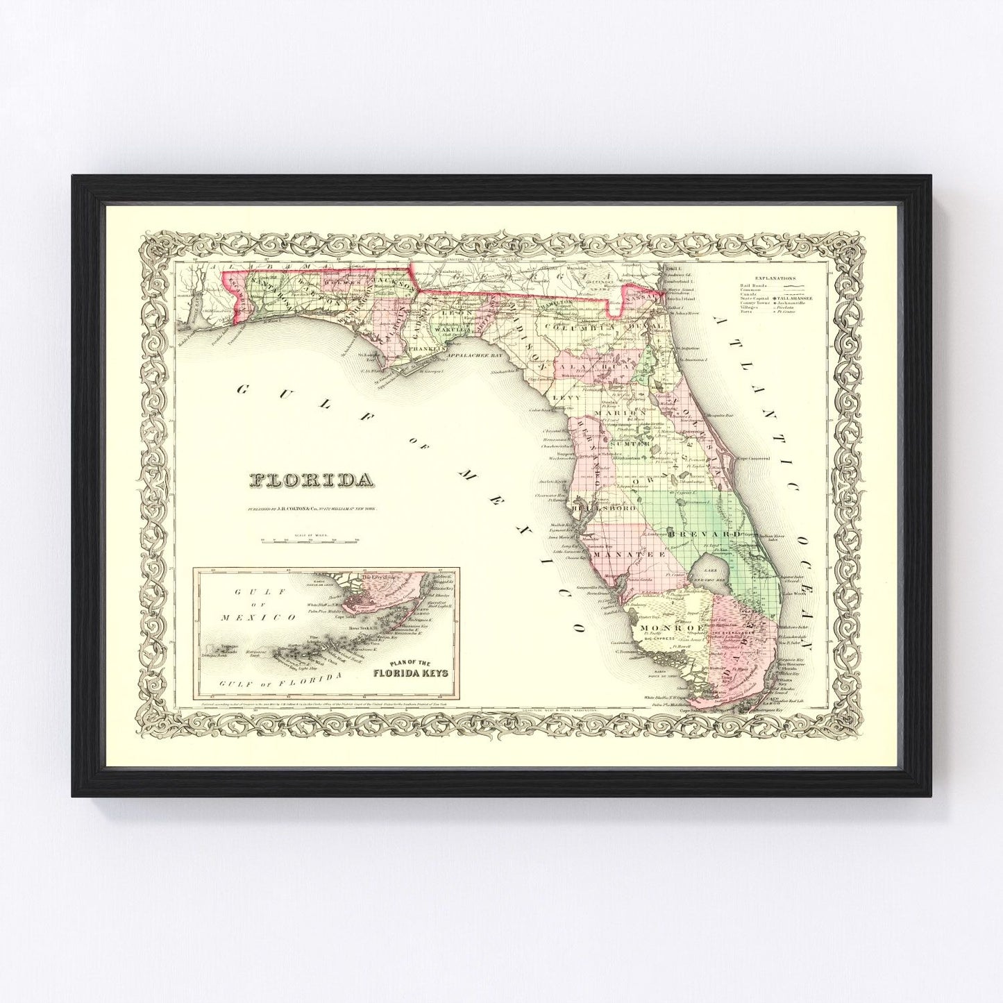 Vintage restored map of Florida, 1855, antebellum state cartography