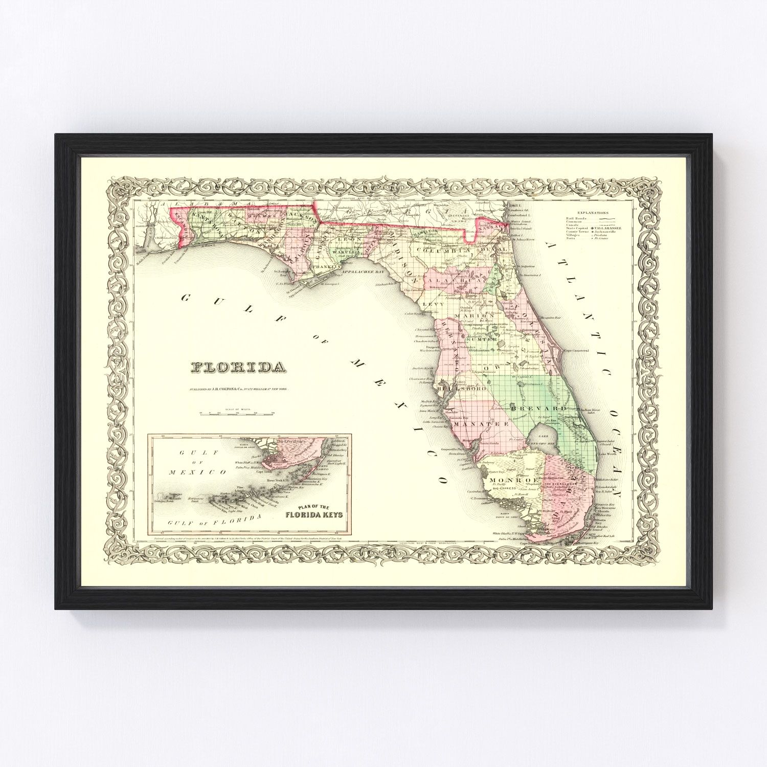 Vintage restored map of Florida, 1855, antebellum state cartography