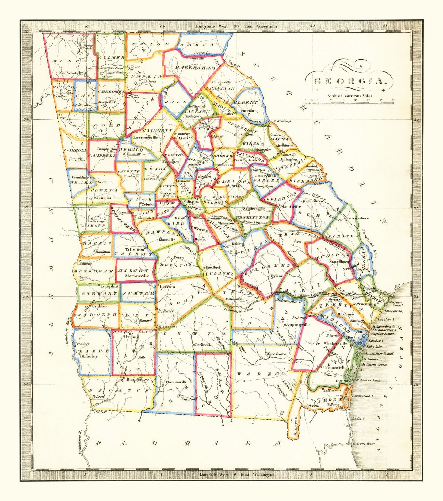 Vintage Map of Georgia, 1836