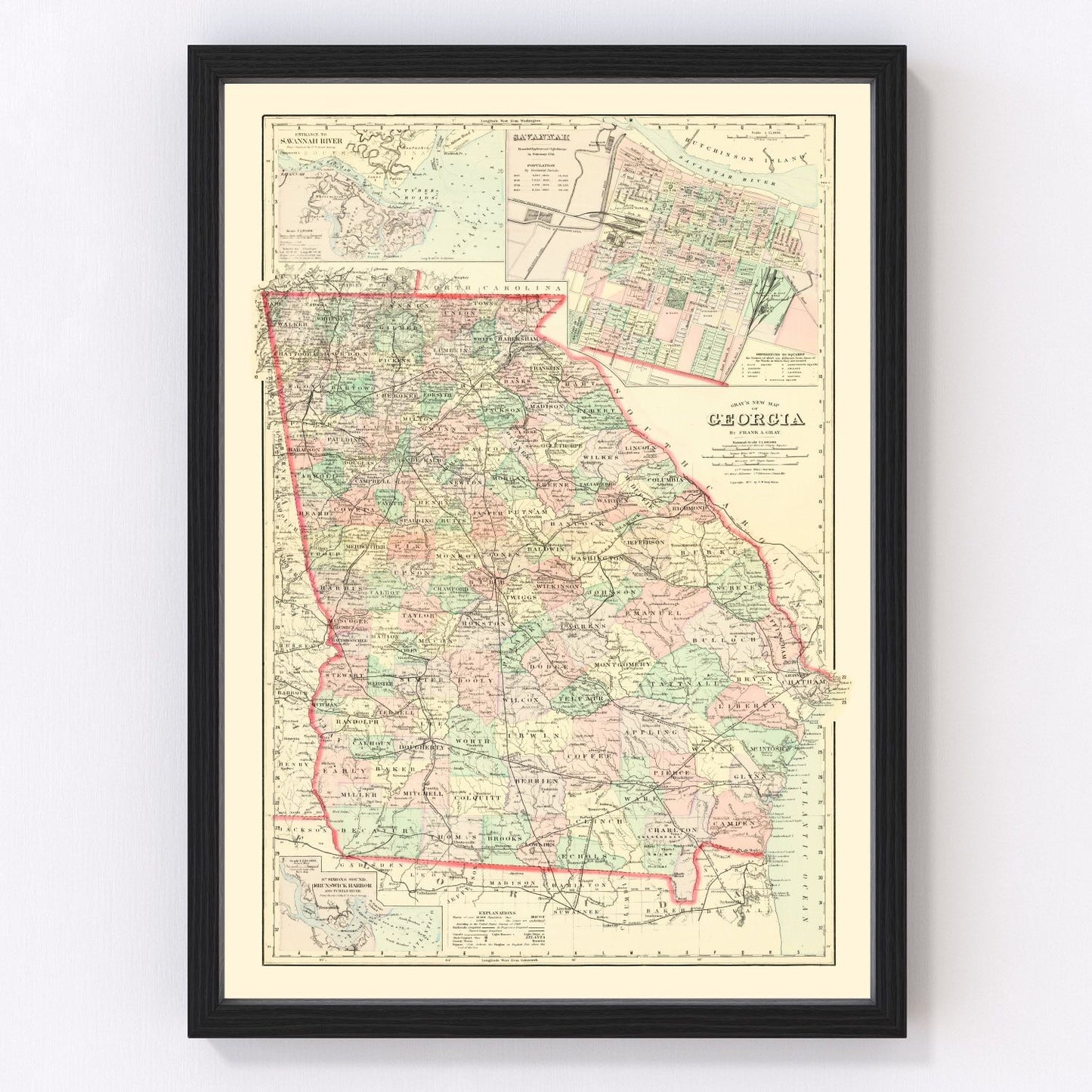 Vintage map of Georgia, 1876