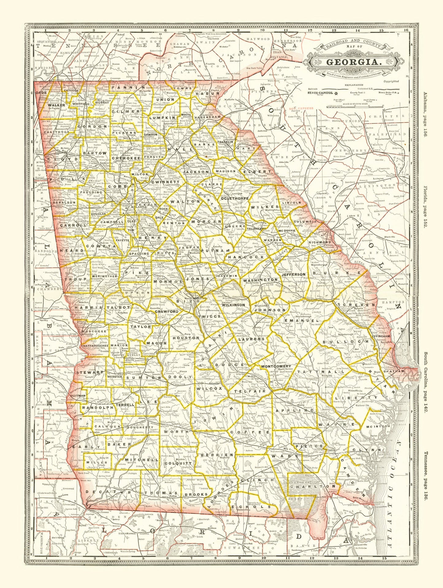 Vintage Railroad Map of Georgia, 1884