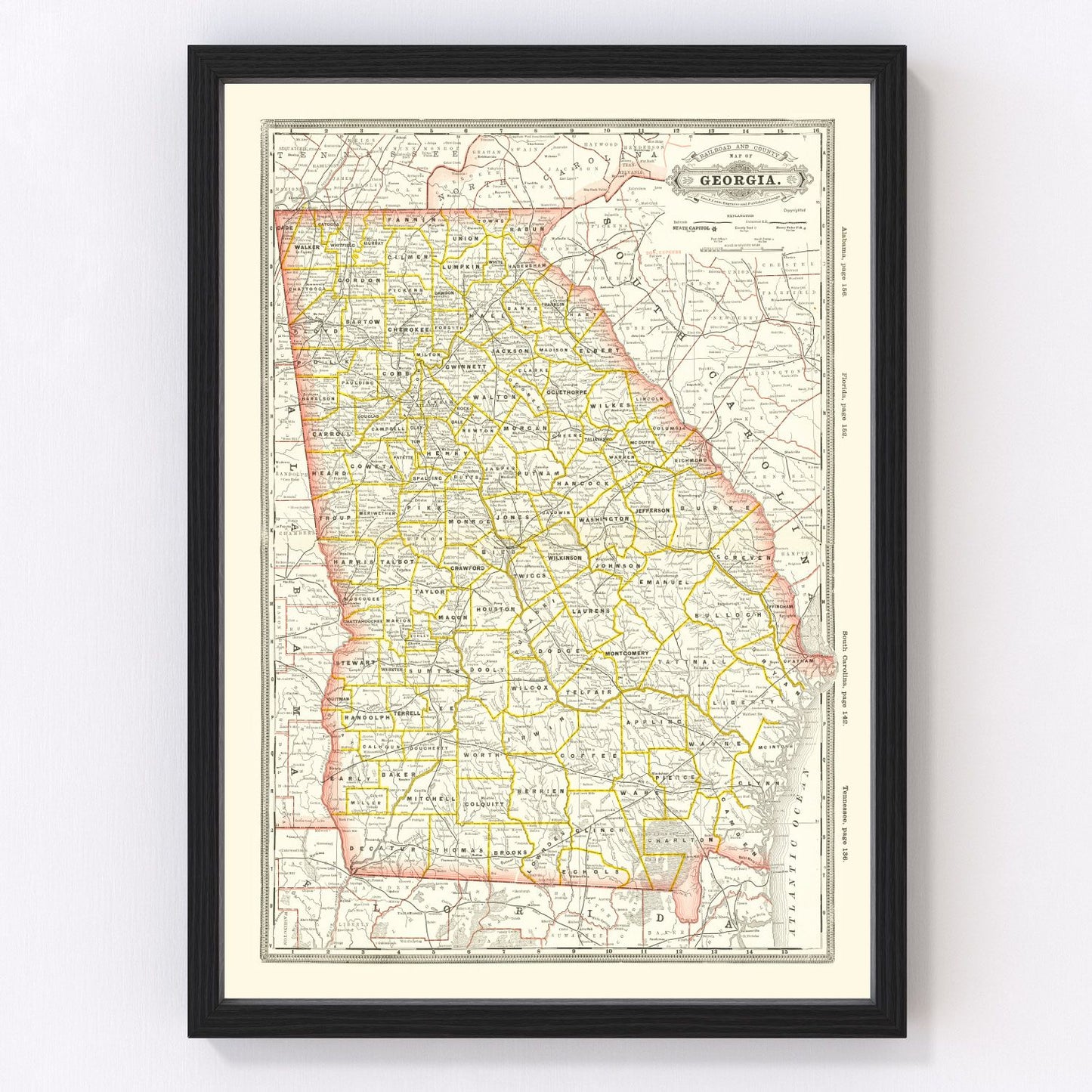 vintage railroad map of Georgia, 1884