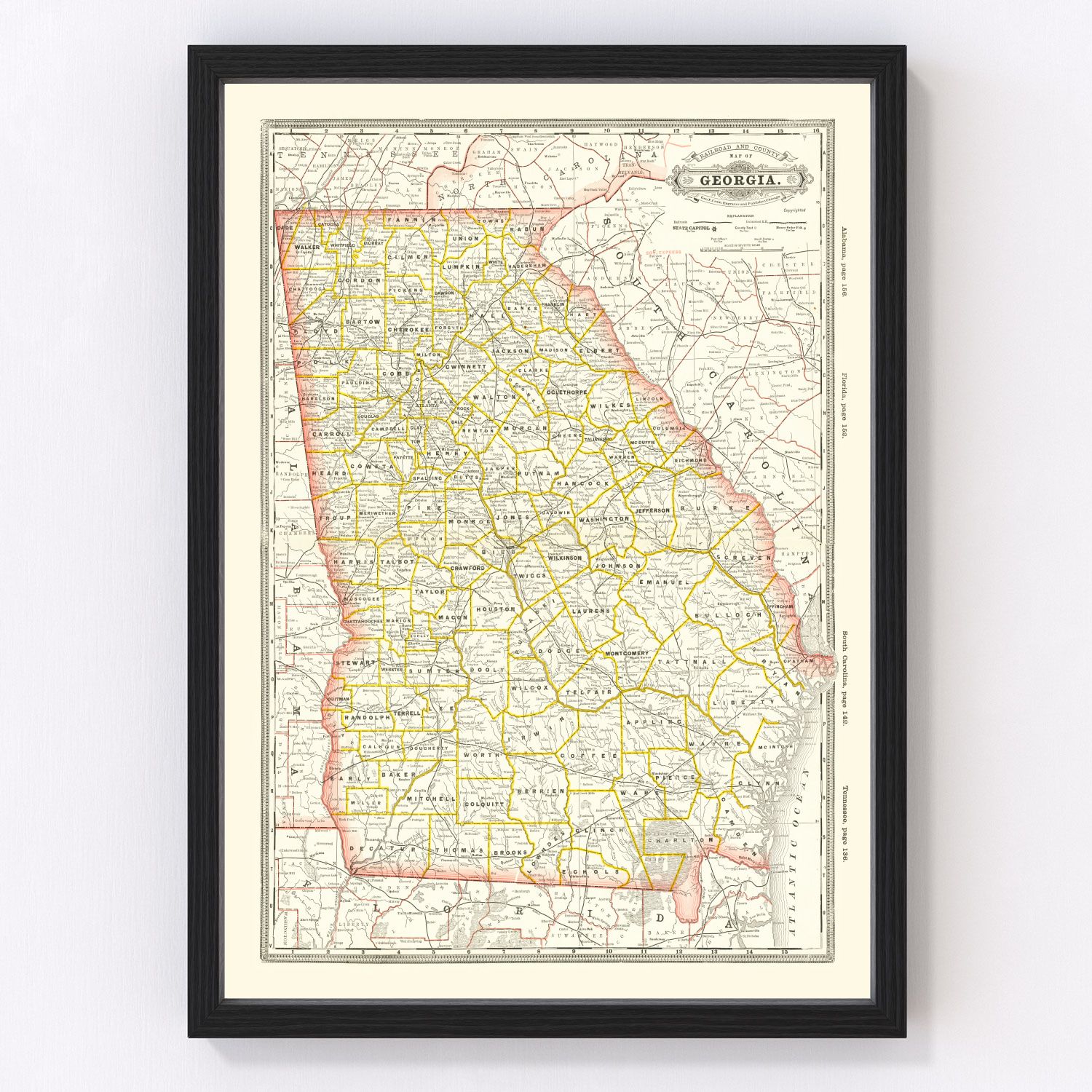 vintage railroad map of Georgia, 1884