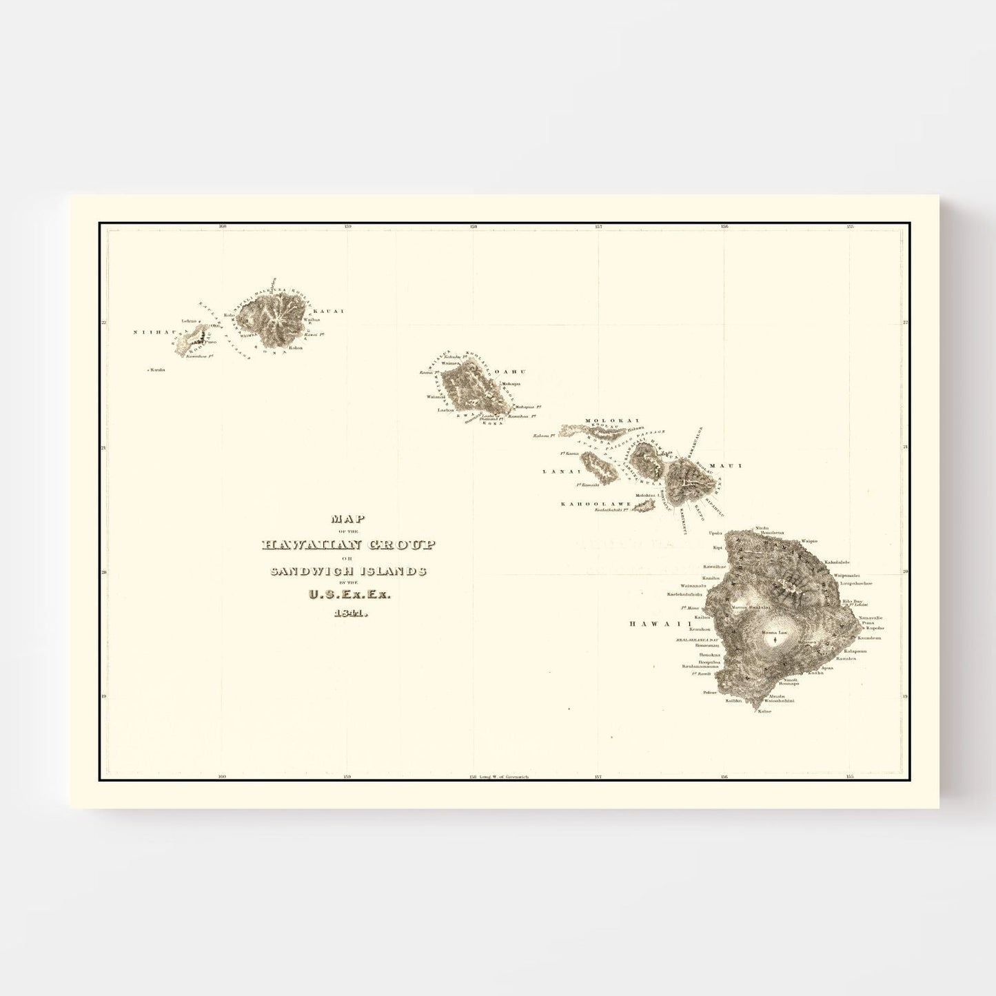 Vintage Map of Hawaii, 1845