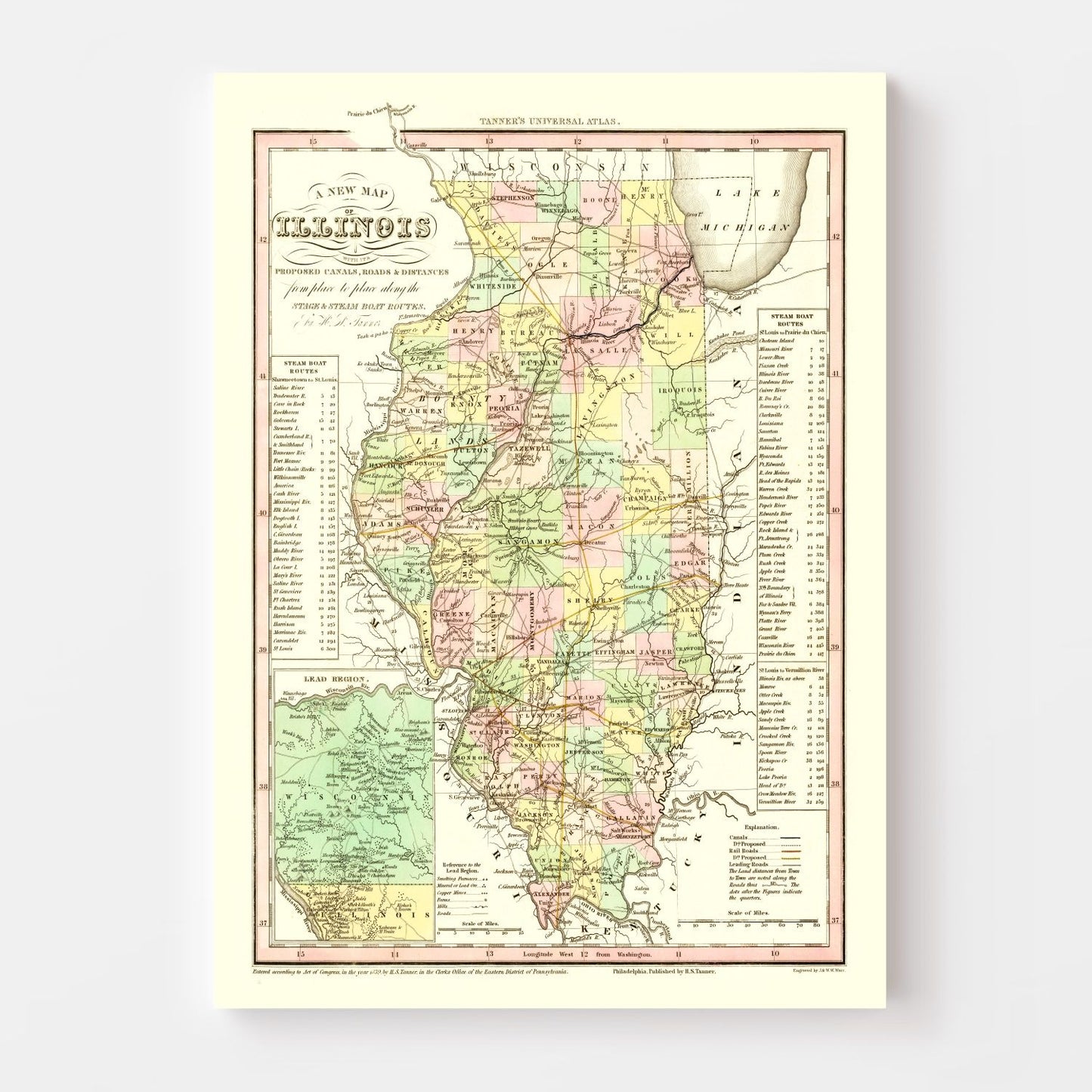 Vintage Map of Illinois, 1836