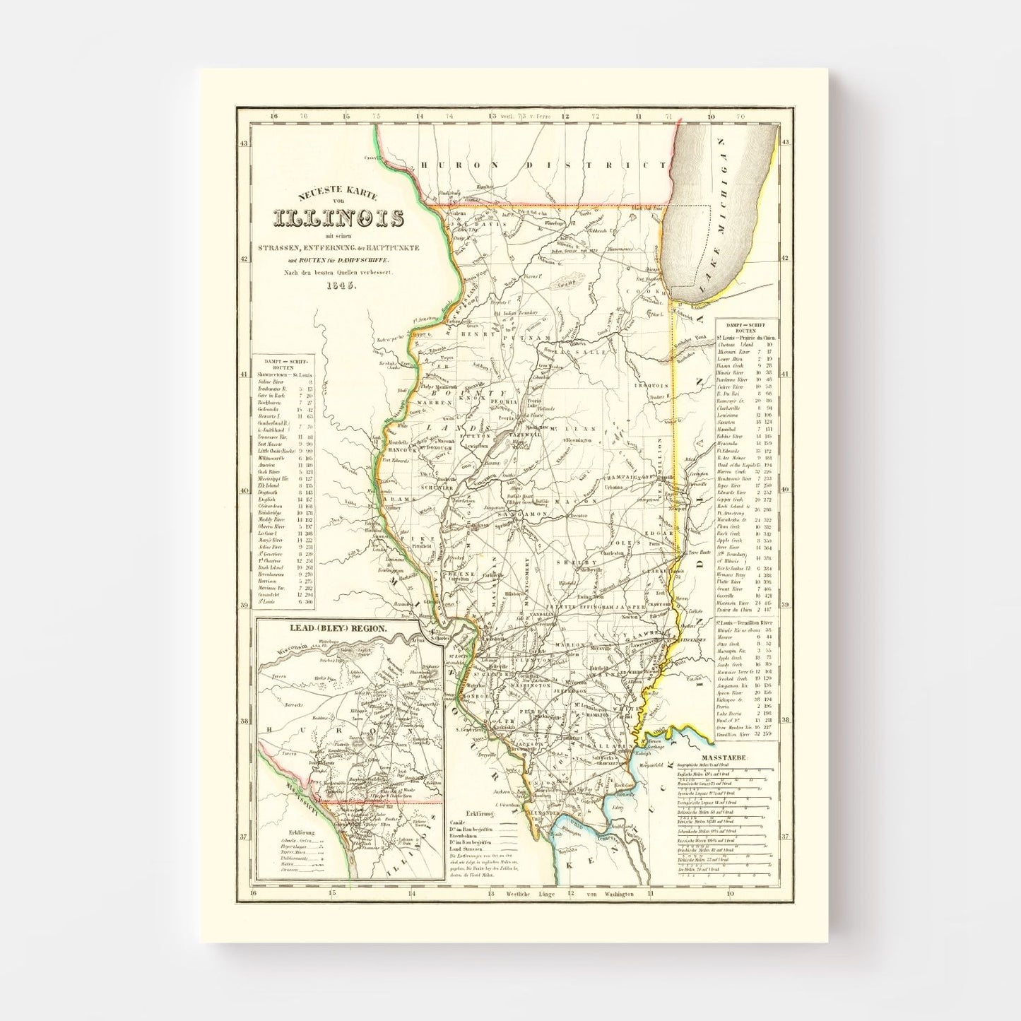 Vintage Map of Illinois, 1845