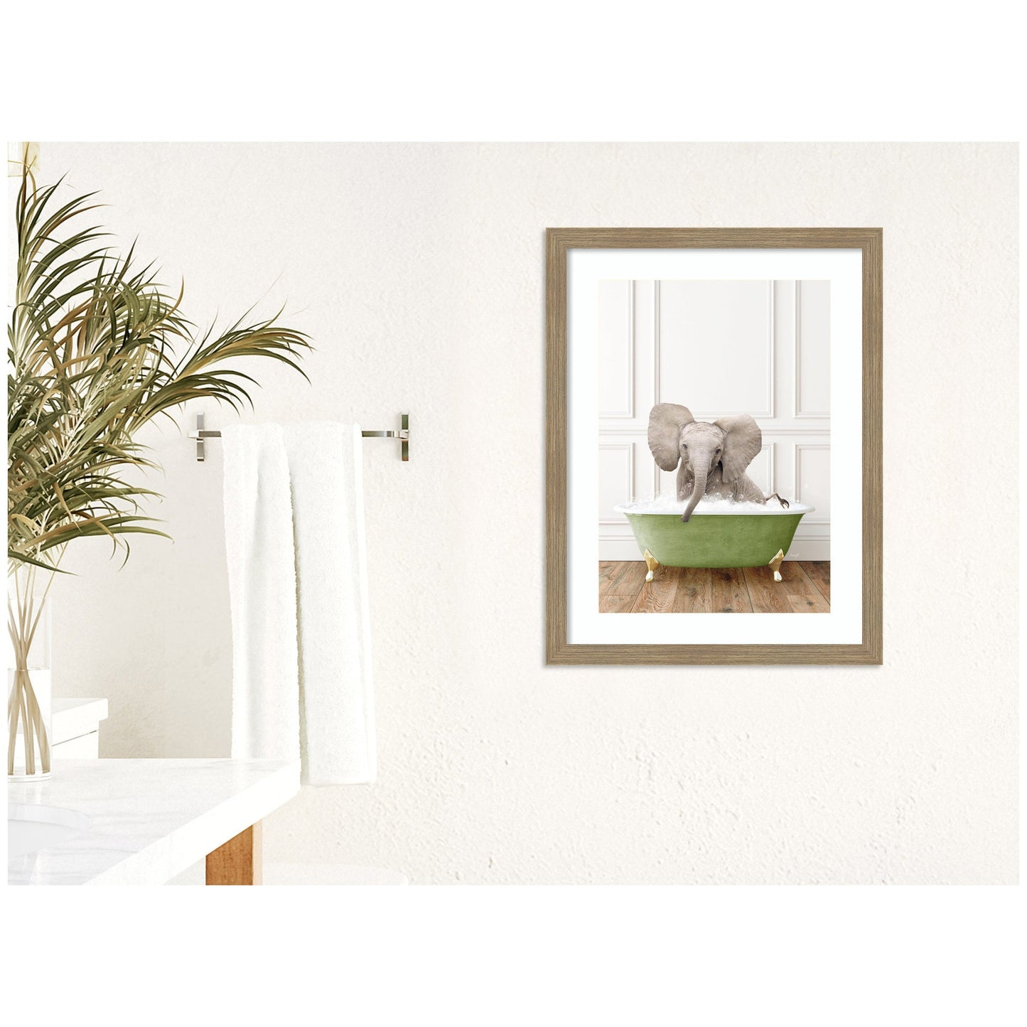 Baby Elephant in Transitional Bathtub by Amy Peterson Framed Wall Art Print
