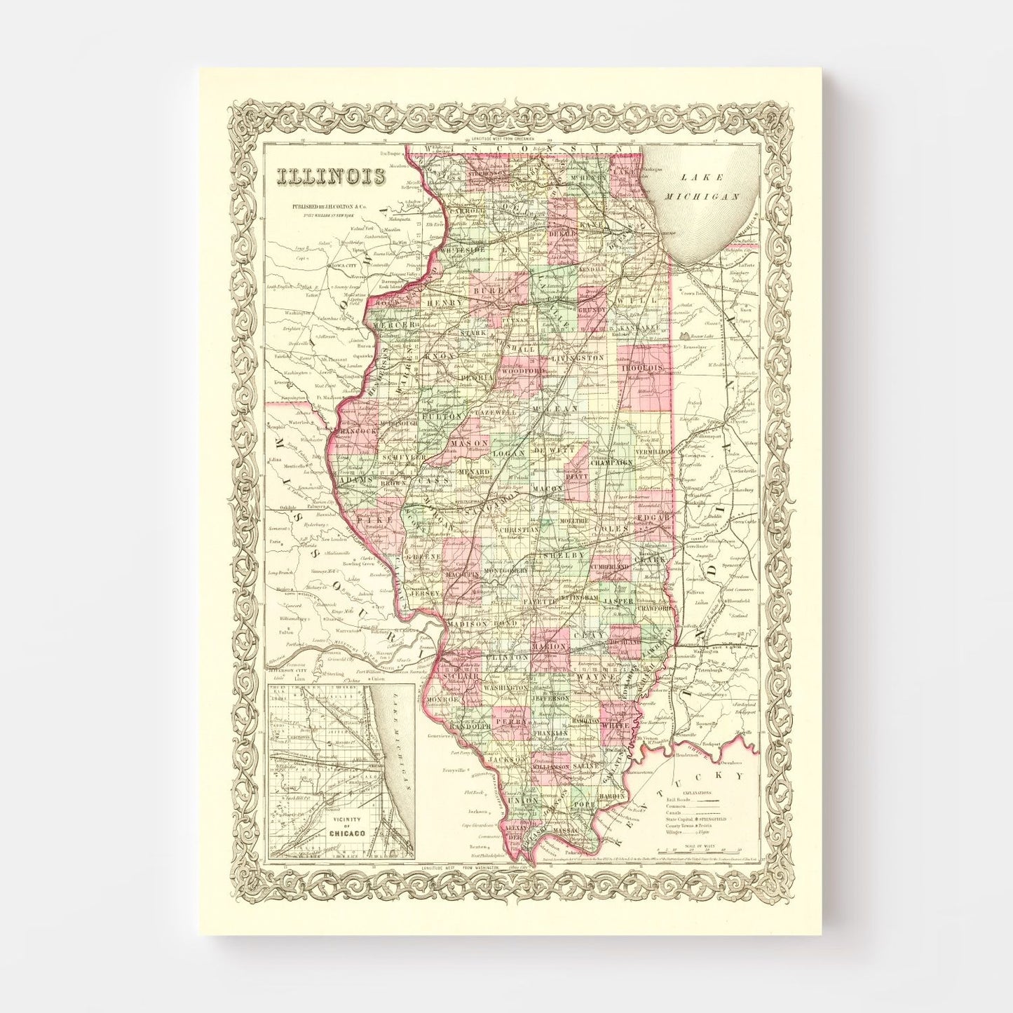 Vintage Map of Illinois, 1855