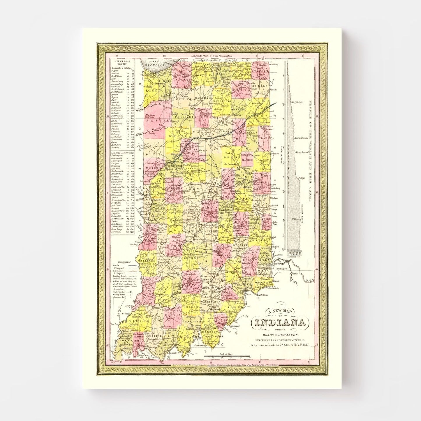Vintage Map of Indiana, 1847