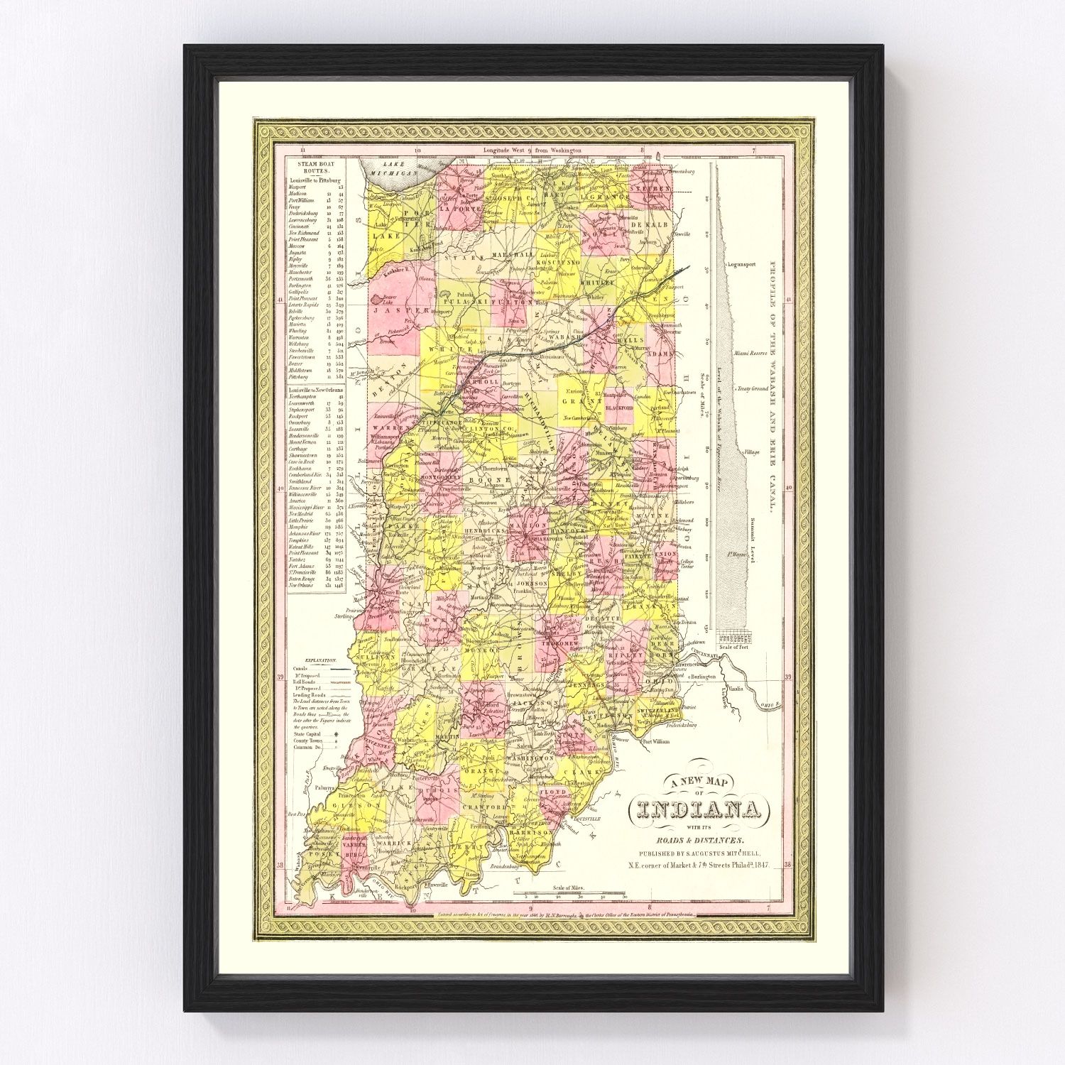 Vintage map of Indiana, 1847