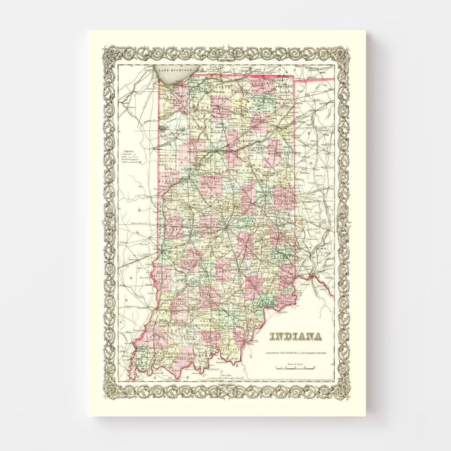 Vintage Map of Indiana, 1855