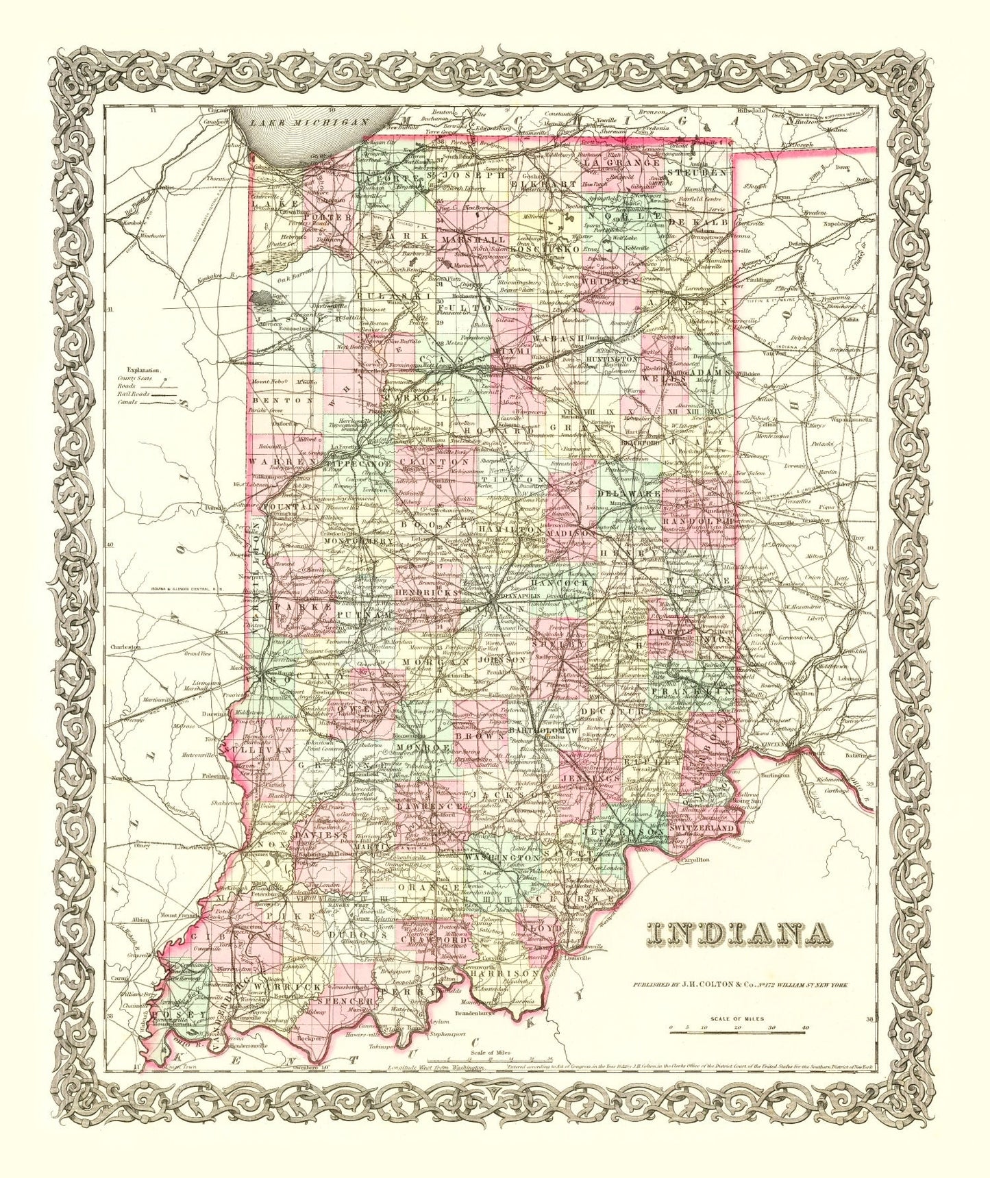 Vintage Map of Indiana, 1855