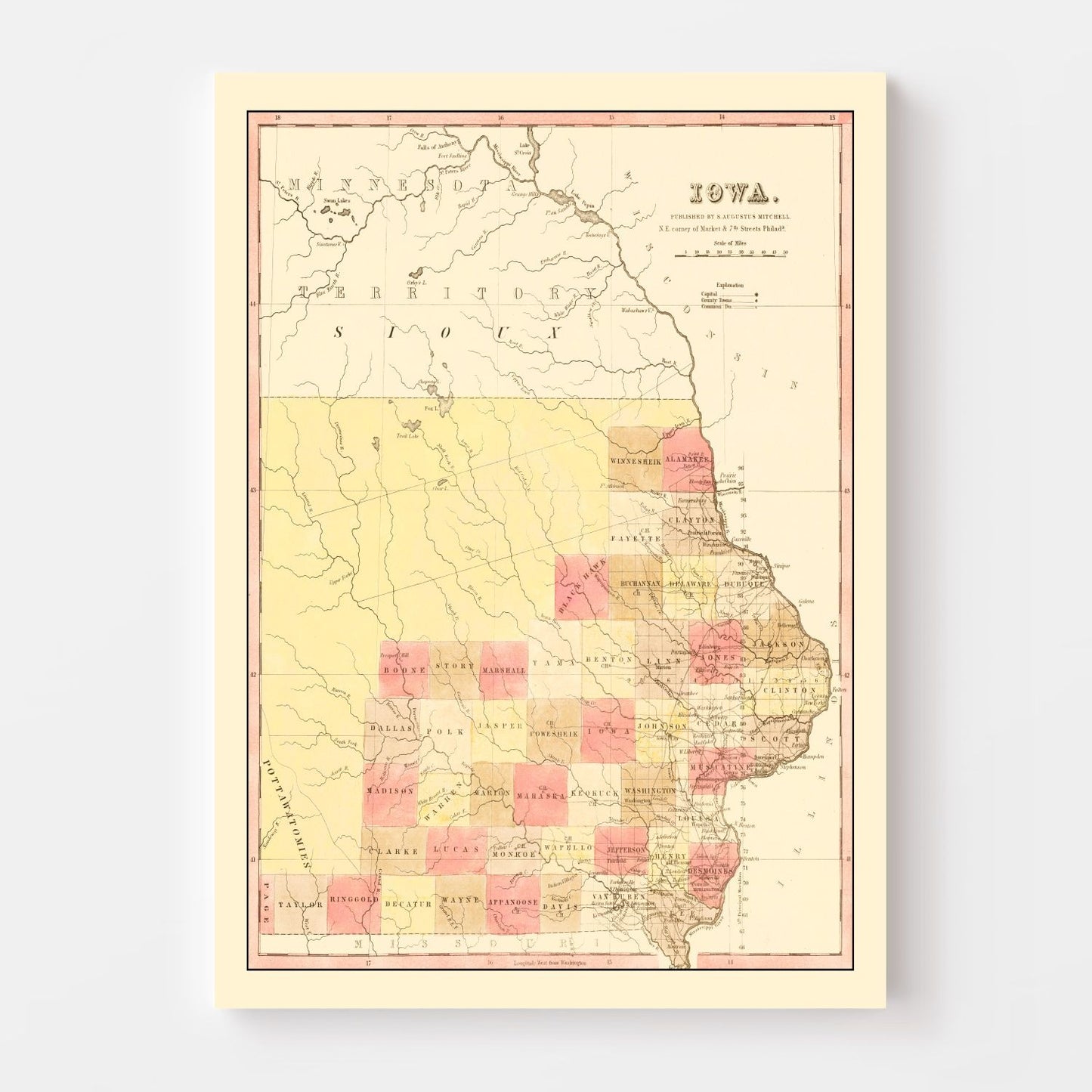 Vintage Map of Iowa, 1849