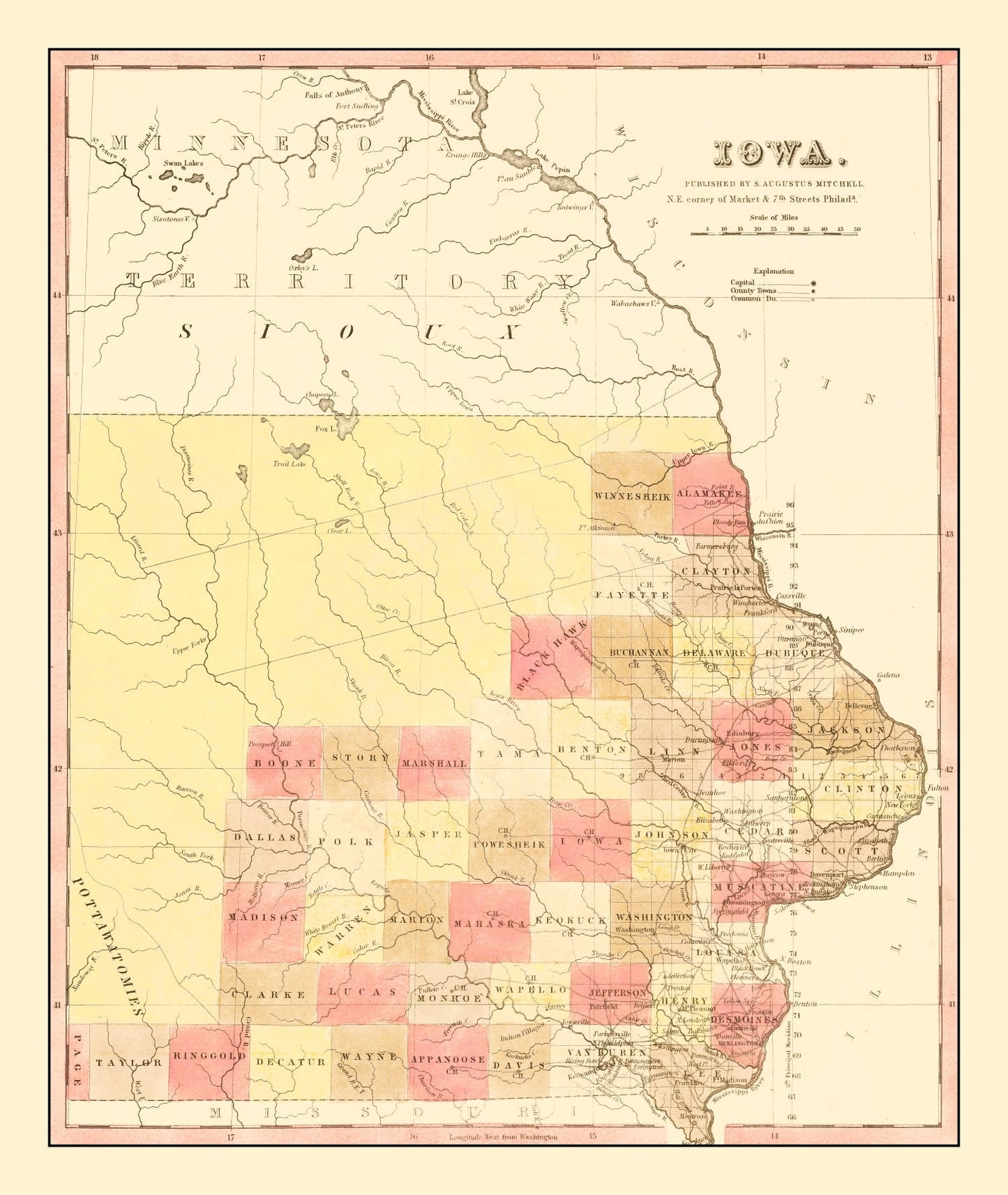 Vintage Map of Iowa, 1849