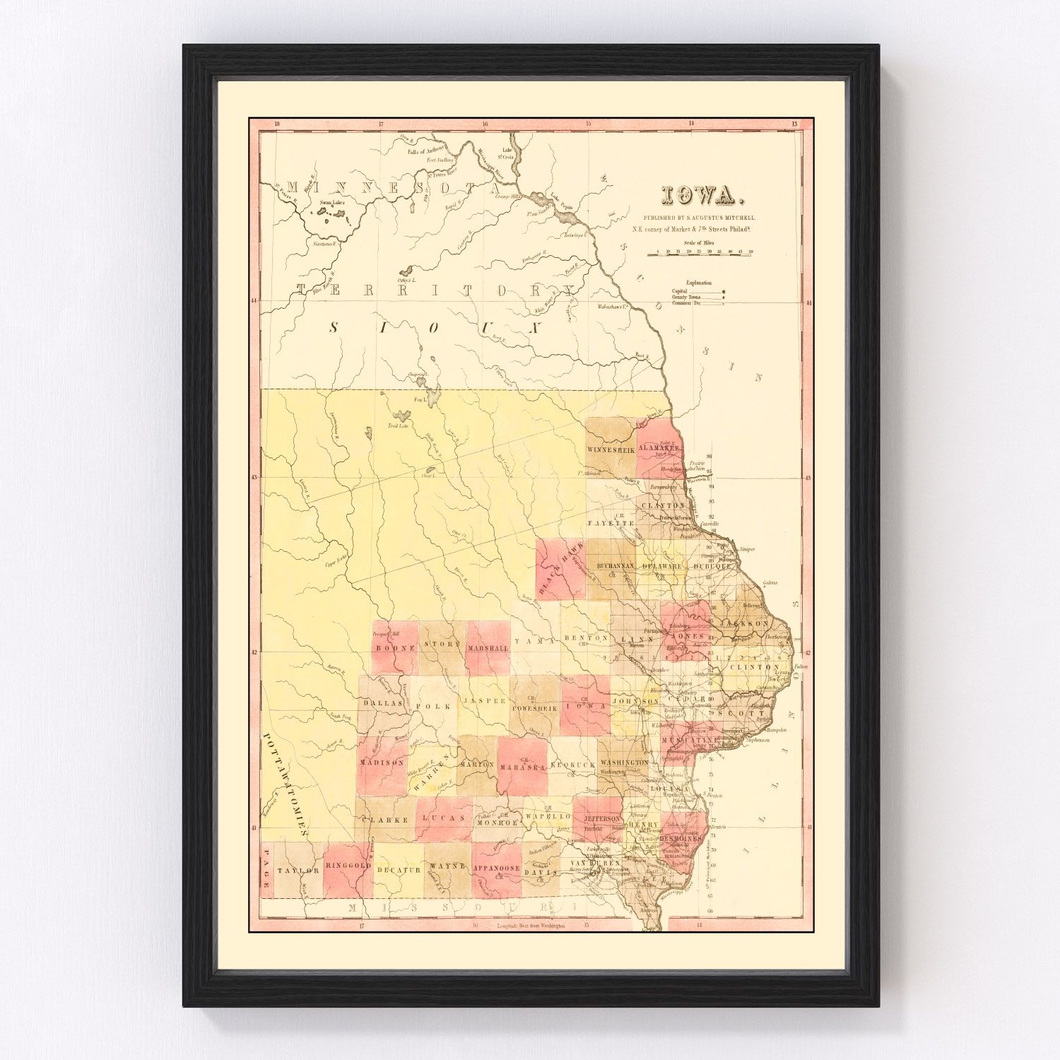 Vintage map of Iowa, 1849