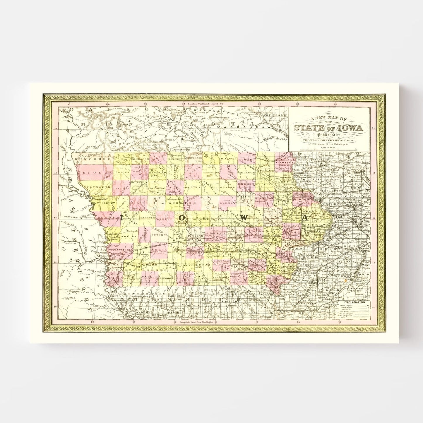 Vintage Map of Iowa, 1855 (Edition Two)