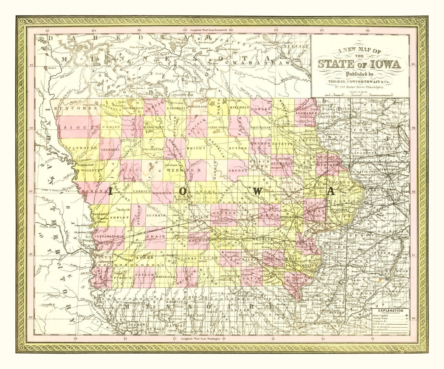 Vintage Map of Iowa, 1855 (Edition Two)