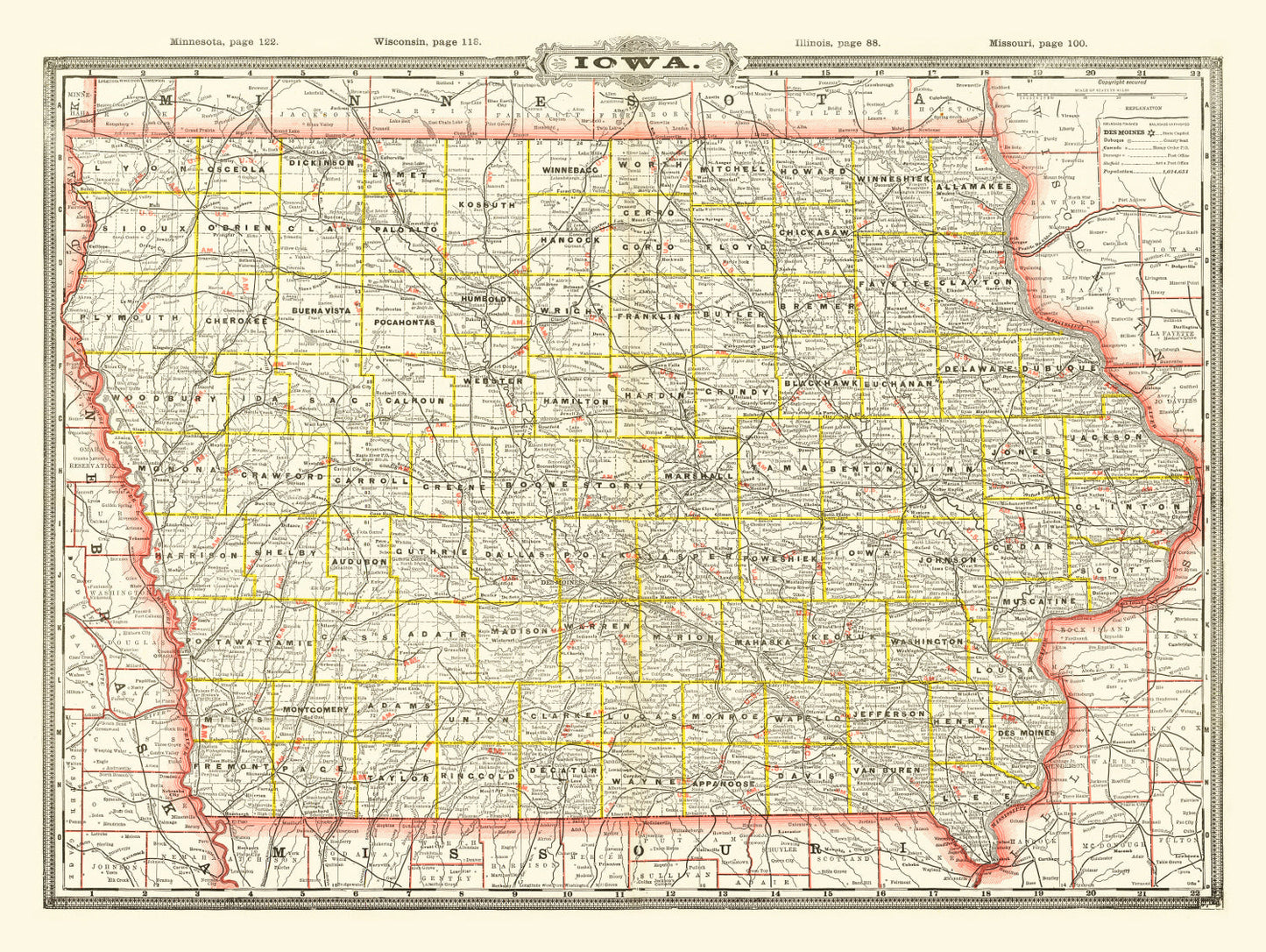 Vintage Map of Iowa, 1888