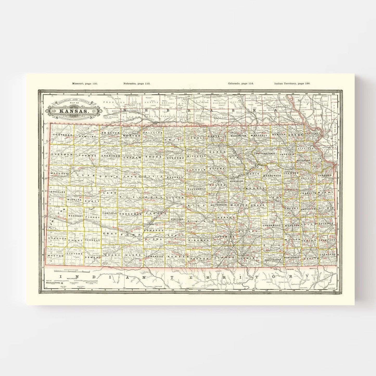 Vintage Railroad Map of Kansas, 1888