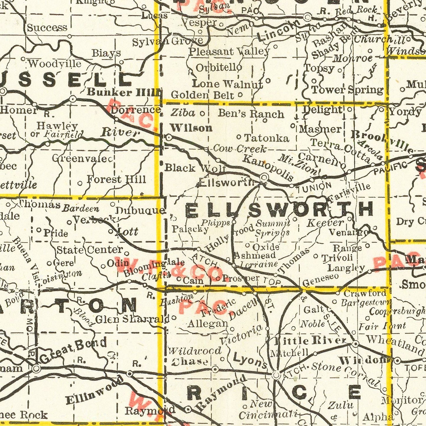 Vintage Railroad Map of Kansas, 1888