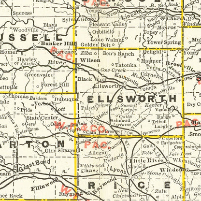 Vintage Railroad Map of Kansas, 1888